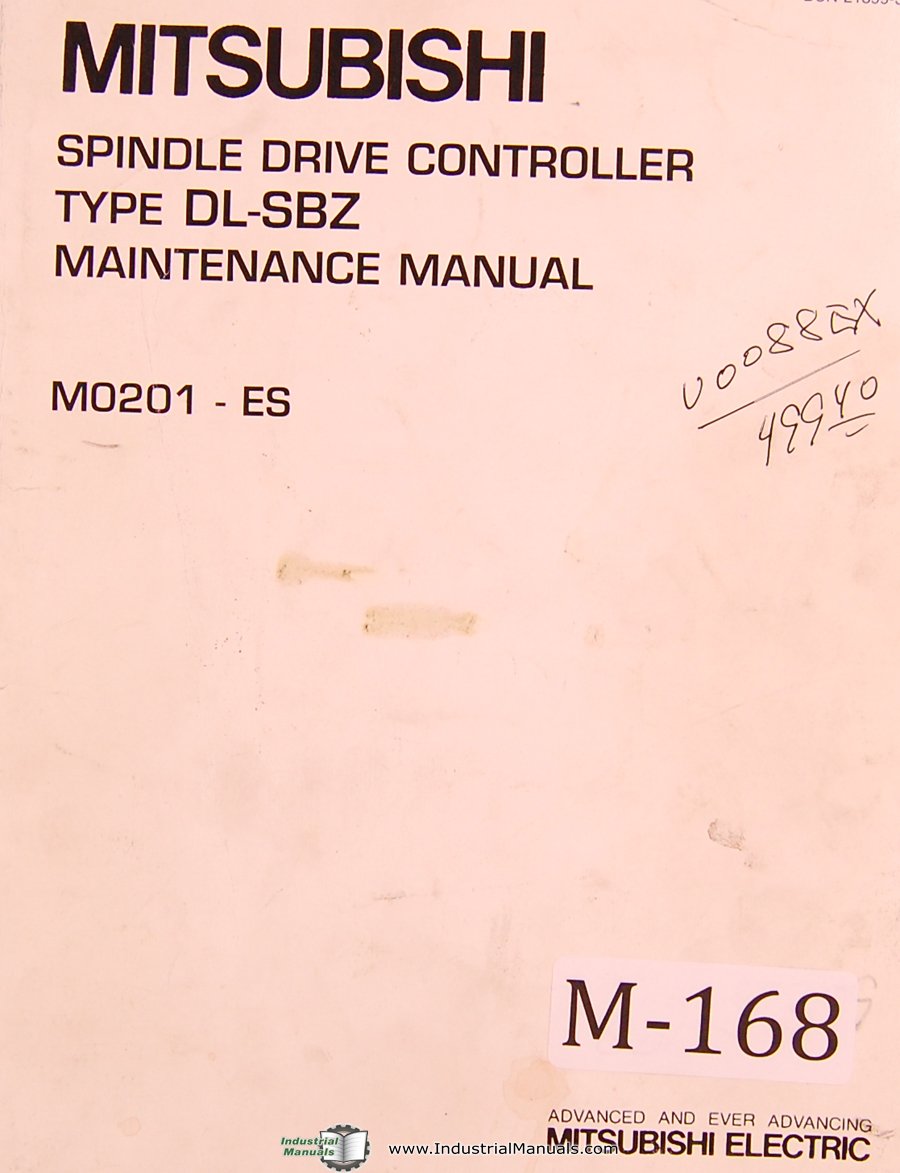 Front view of a Mitsubishi Type DL-SBZ, MO201-ES Spindle Drive Controller maintenance manual.