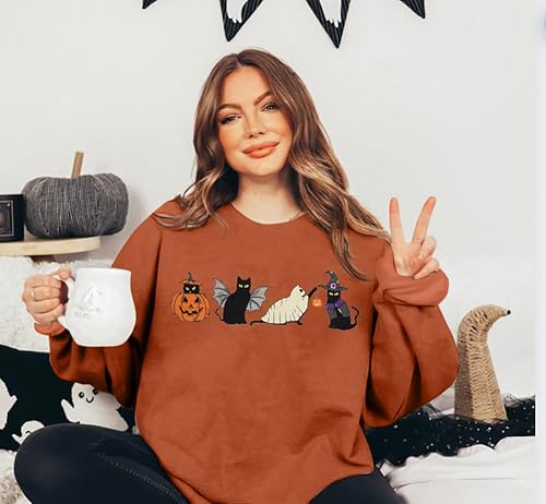 Miniatura 2 de LUKYCILD Sudadera de Halloween con diseño de gato para mujer, diseño de fantasma, gato, calabaza, camiseta de cuello redondo para Halloween