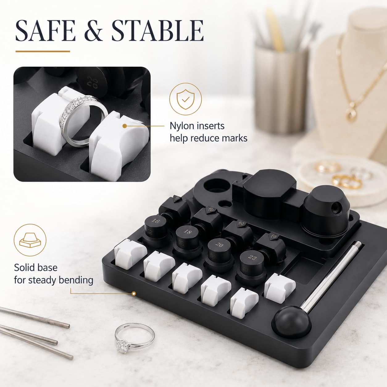 Piegatrice manuale per anelli da 12/14/16/18/20/22 mm | Set di piegatrici per anelli con diverse matrici, 90° quadrata e 60° colonne diamantate, per negozi di gioielli o fai da te
