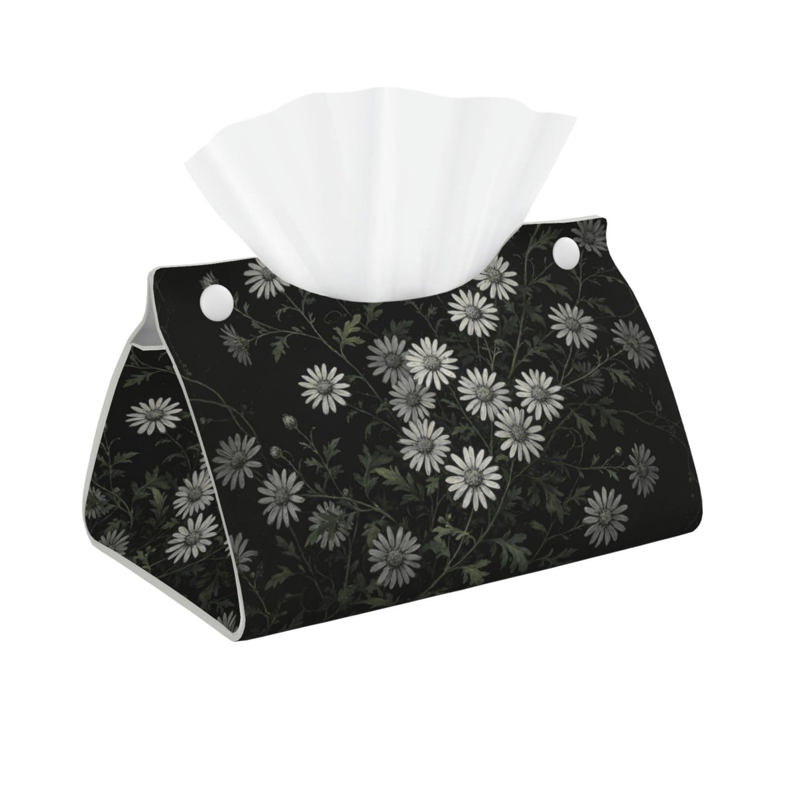 Black White Daisy Long Leather Tissue Box Cover-Waterproof PU Leather Tissue Holder for Bathroom, Decorative Rectangular Tissue Case