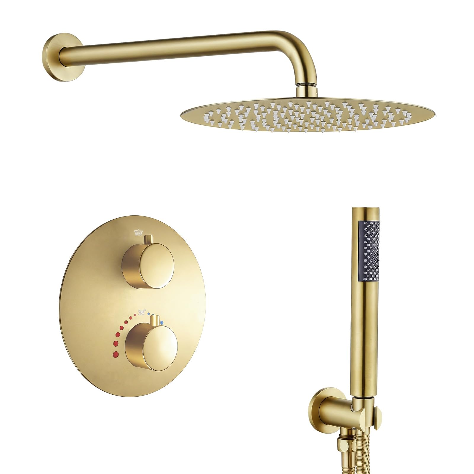 SaniteModar Ducha Empotrada con Termostato | Grifo Ducha Empotrado con Ducha de Lluvia 25cm y Rociador de Mano | Oro Cepillado