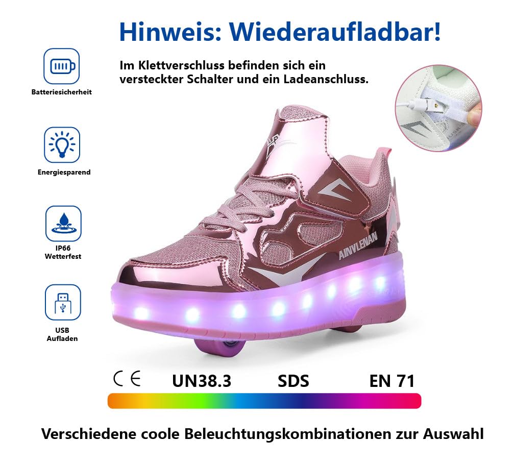 Sneaker per Bambini,Scarpe da Skateboard a Due Ruote,Luce a Cambio Colore Regolabile,Ricarica USB,universali per Ragazzi e Ragazze,Nero Rosa Oro Argento 27–40 EU