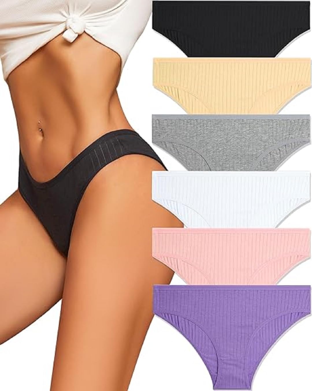 n shap lingerie's 6-Pack Cotton Underwear for Women Sexy Low Rise Ribbed Hipster Breathable Soft Womens Bikini Panties Cheeky S-XL-picture-53