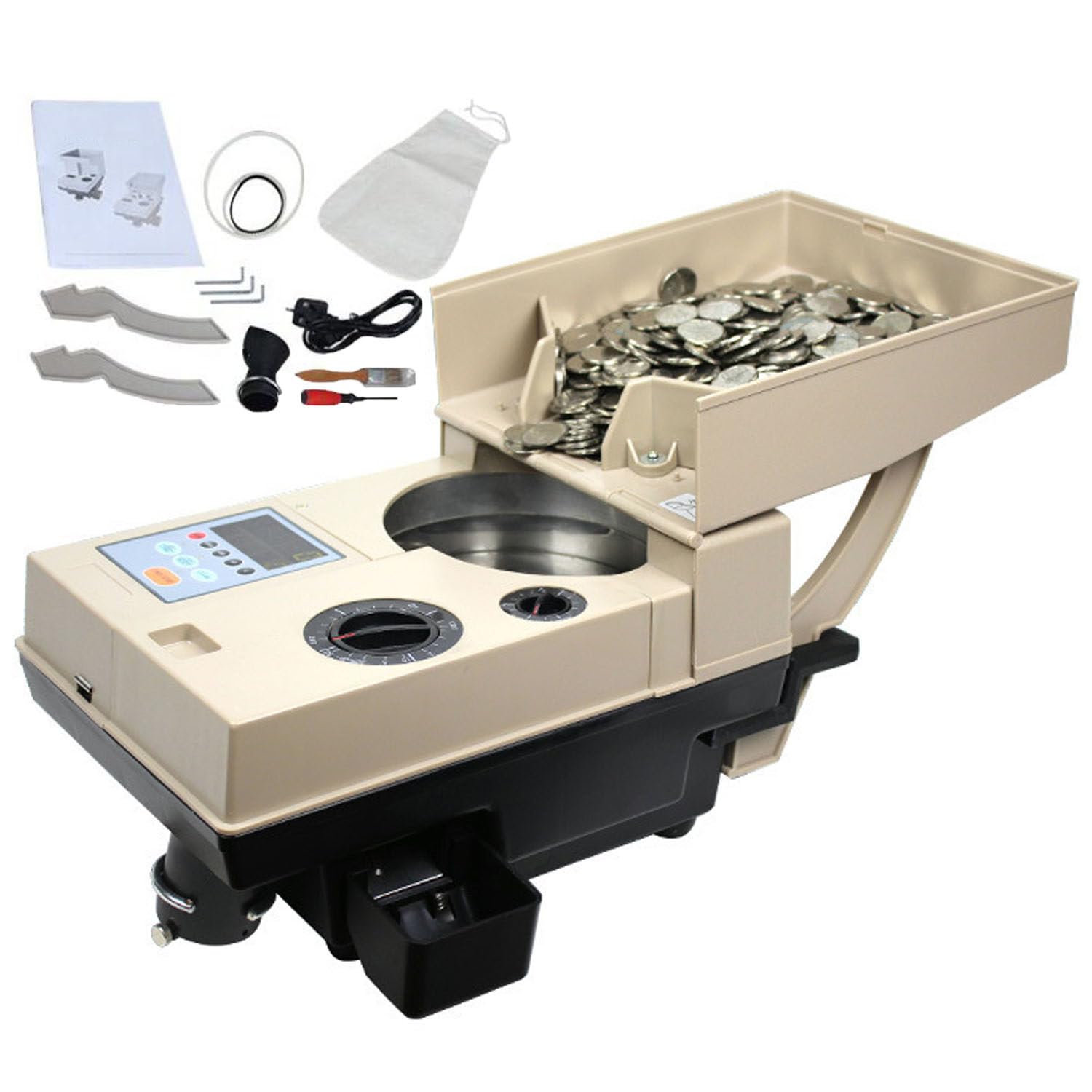 Contamonete Commerciale Dotato di Un Ampio vano Porta Monete, contamonete elettronico con smistatore, Ideale per Banche, Autobus e Sale Giochi. CS200
