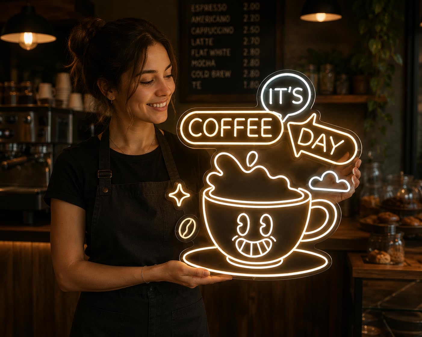 Letrero de Neón cafe its day Cartel Luminoso Decorativo APROXIMADAMENTE 70CM ALIMENTADOR 12 V