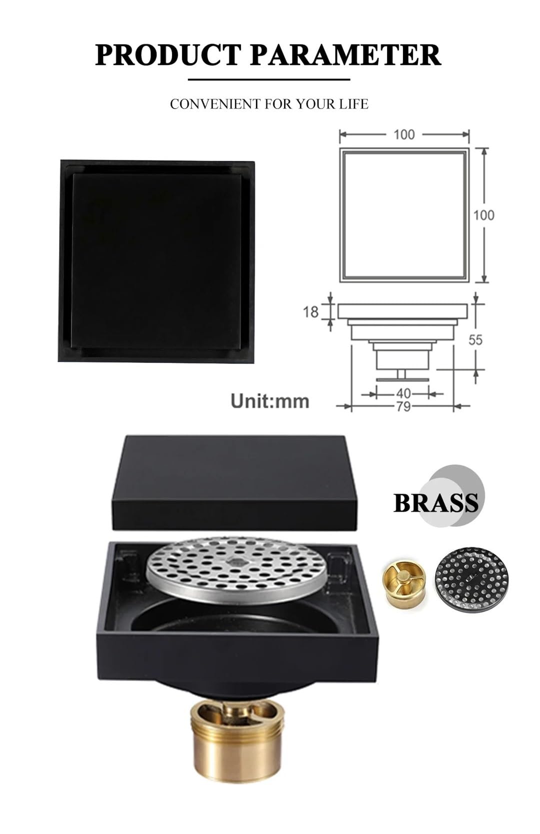 Scarico Doccia Brass 10CMX10CM Shower Floor Drain Bathroom Concealed Floor Drain Tile Insert Square Floor Trash Grate(Rose Gold)