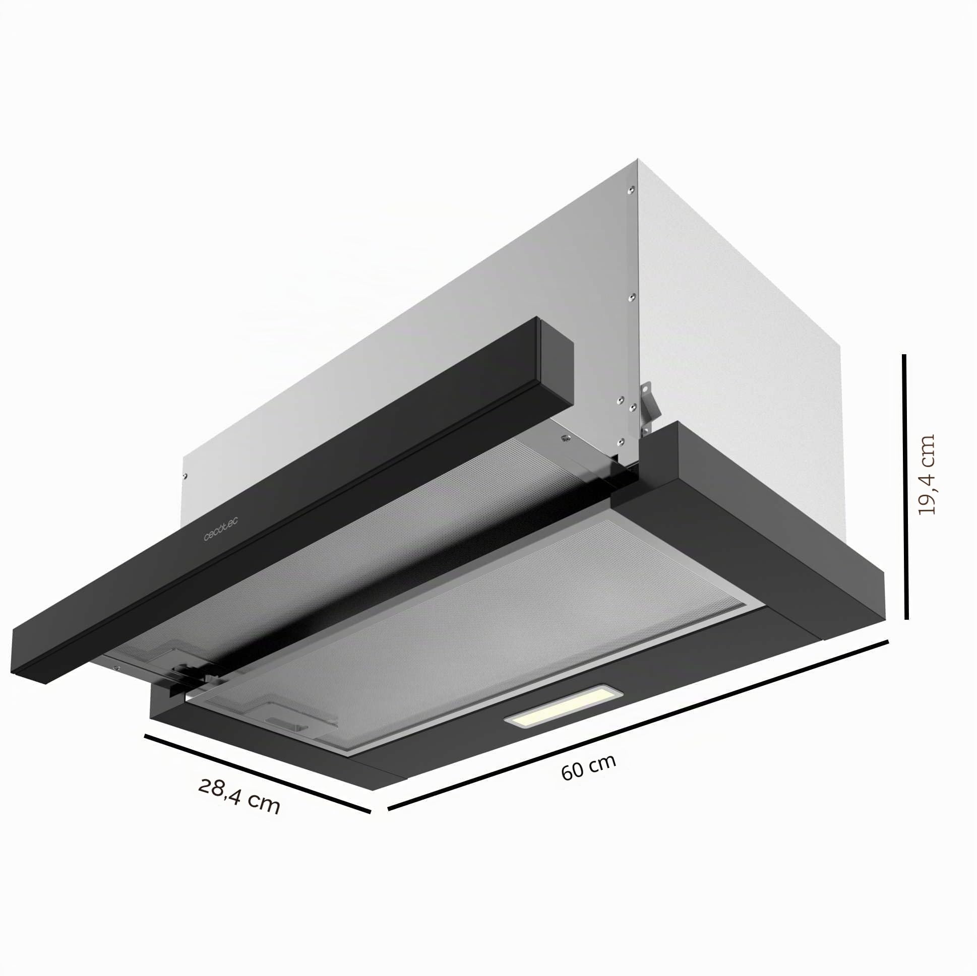 Cecotec Teleskop-Dunstabzugshaube 60 cm Bolero Flux TLM 603500 Schwarz A. Motor 70W, Saugleistung 350m3/h, Mechanische Steuerung, 2 Leistungsstufen, Licht und Kohlefilter, Schwarz-Finish
