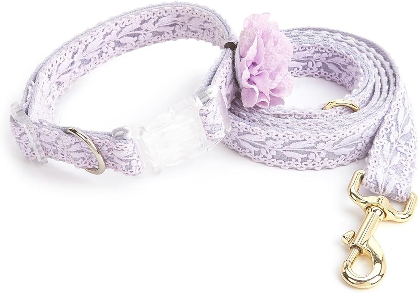 obroża dla zwierząt, Zestaw obroży i smyczy dla psa z koronki Bawełniana obroża szczeniaka Ręcznie haftowana kwiatkiem(Purple,L)