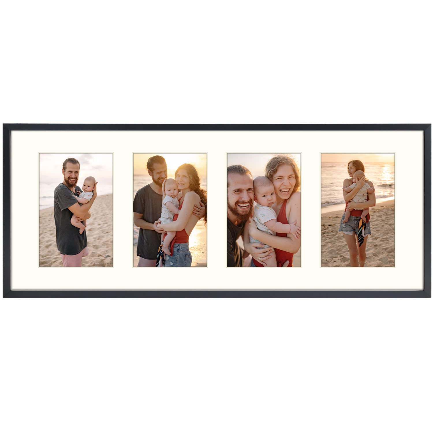 YONLICH Golden State Art, 8x20 Black Aluminum Metal Frame - Ivory Mat for Four 4x6 Photos/Pictures - Sawtooth Hanger - Swivel Tabs - Wall Mounting - Landscape/Portrait - Collage Display - Real Glass