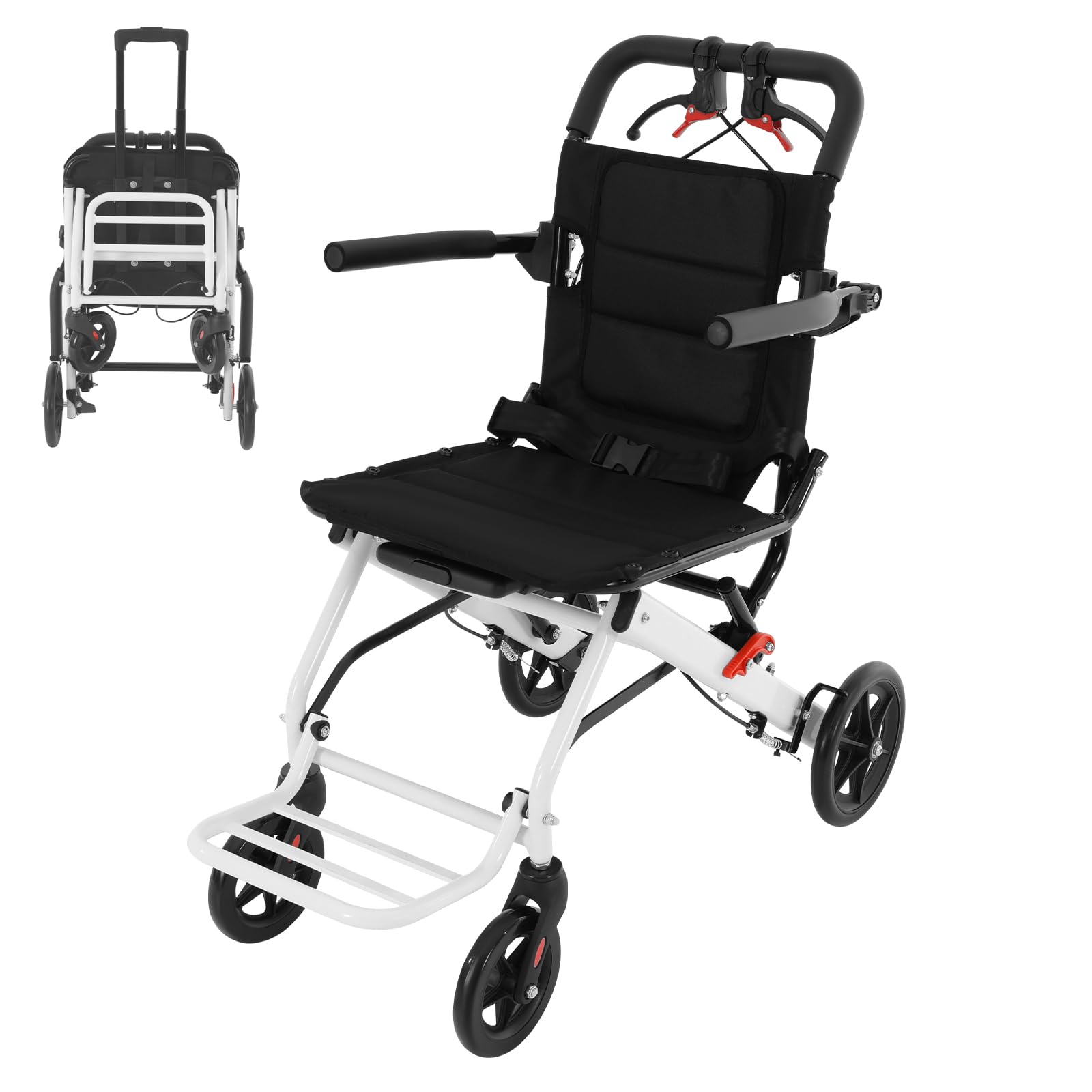 Silla de ruedas plegable ligera ultraligera, silla de ruedas de transición, freno en las asas, silla de ruedas de viaje, capacidad de carga de 100 kg, aleación de acero al carbono para