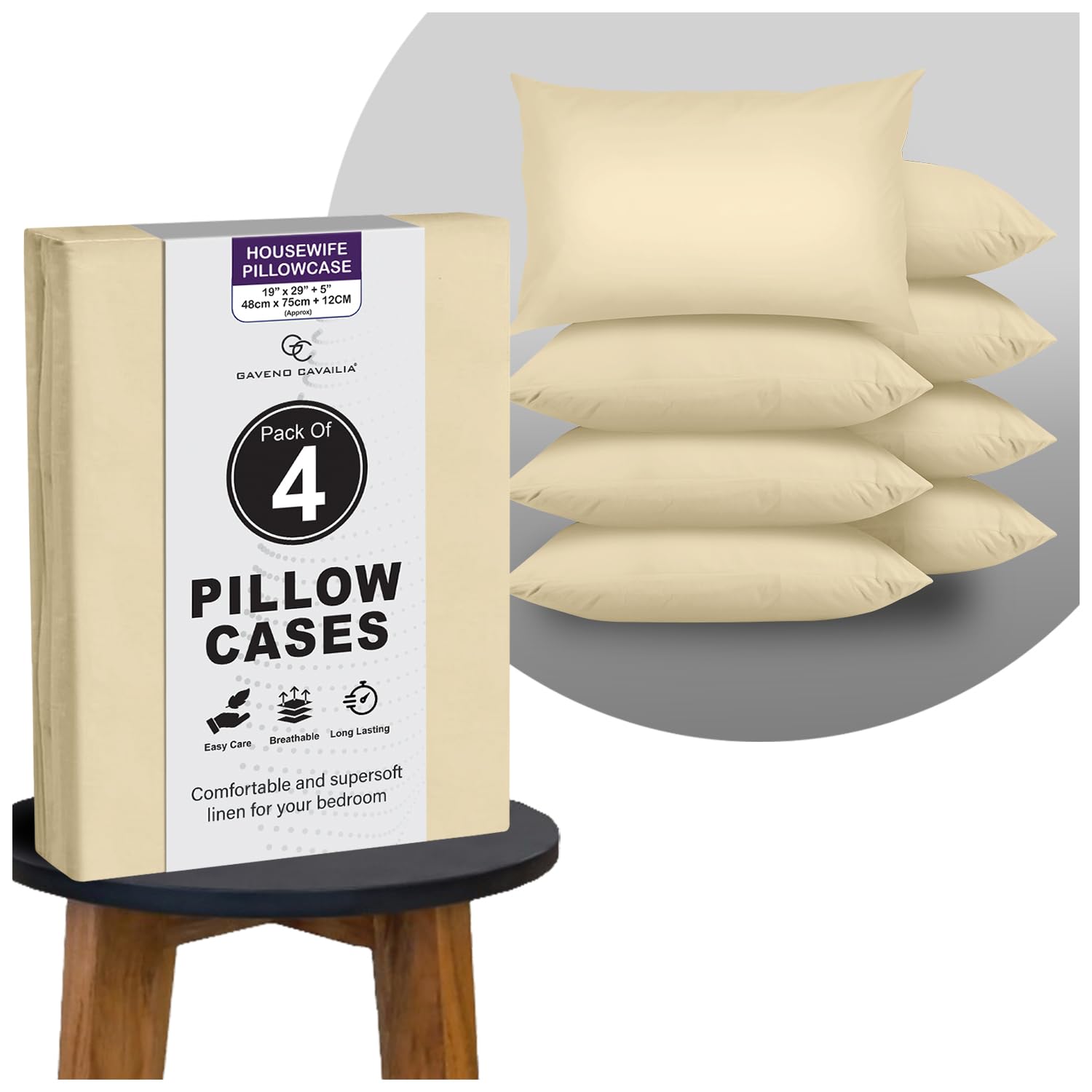 GC GAVENO CAVAILIA Plain Cream Pillow Cases 4 Pack | Breathable, Wrinkle, Soft Touch Polycotton Bedding Pillowcases | Hotel Quality Hypoallergenic Pillow Covers Envelope Closure 74x48 Cm
