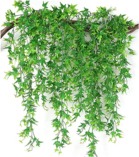 Artificial Hanging Vines, Fake Vine Plastic Plants Sweet Potato Leaves Ivy UV Resistant Greenery Décor Faux Flowers for Indoor Outdoor Garden Door Wall Wedding Party Table Decoration Green 4 Pack
