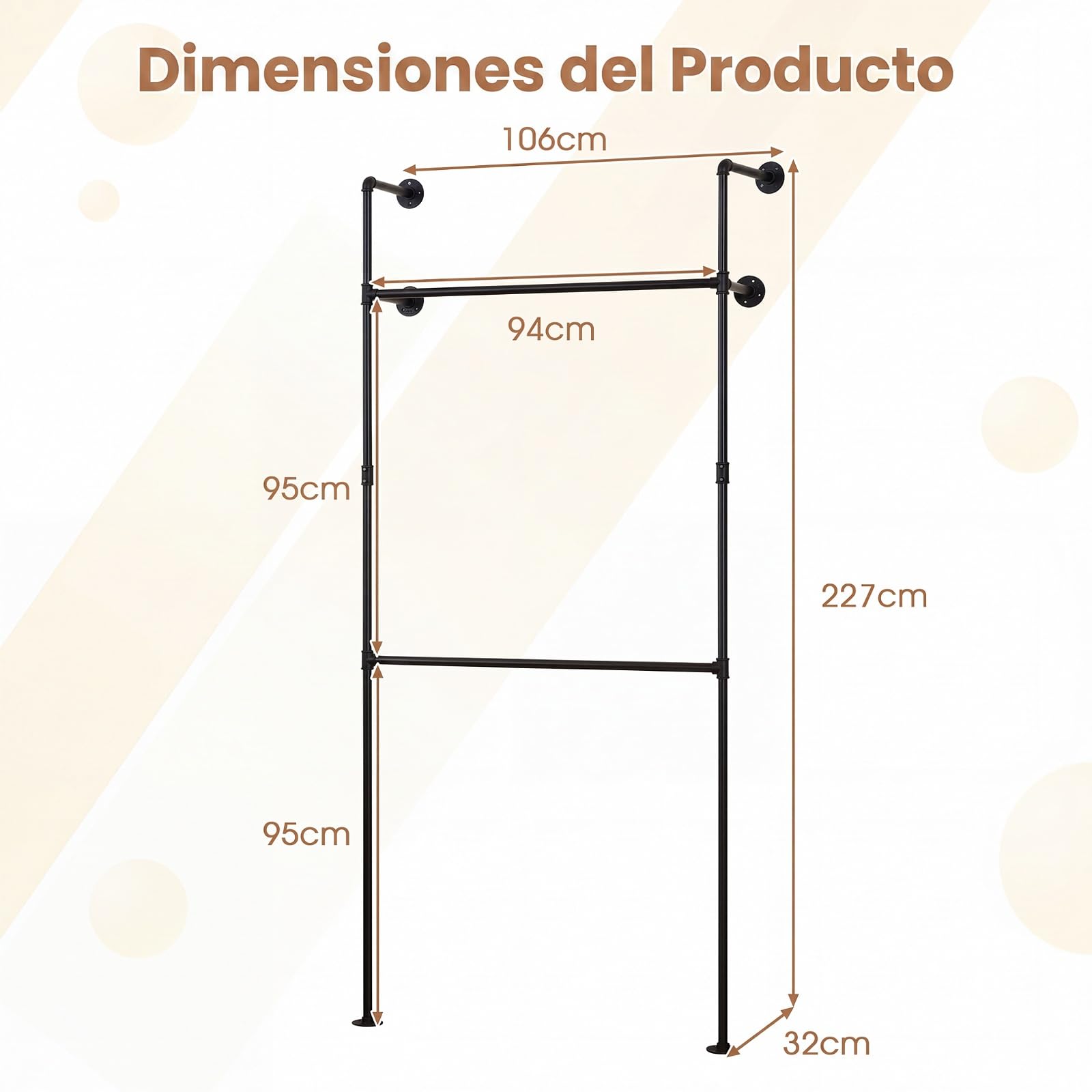 COSTWAY Perchero de Pared con 2 Barras para Colgar,106 x 32 x 227 cm