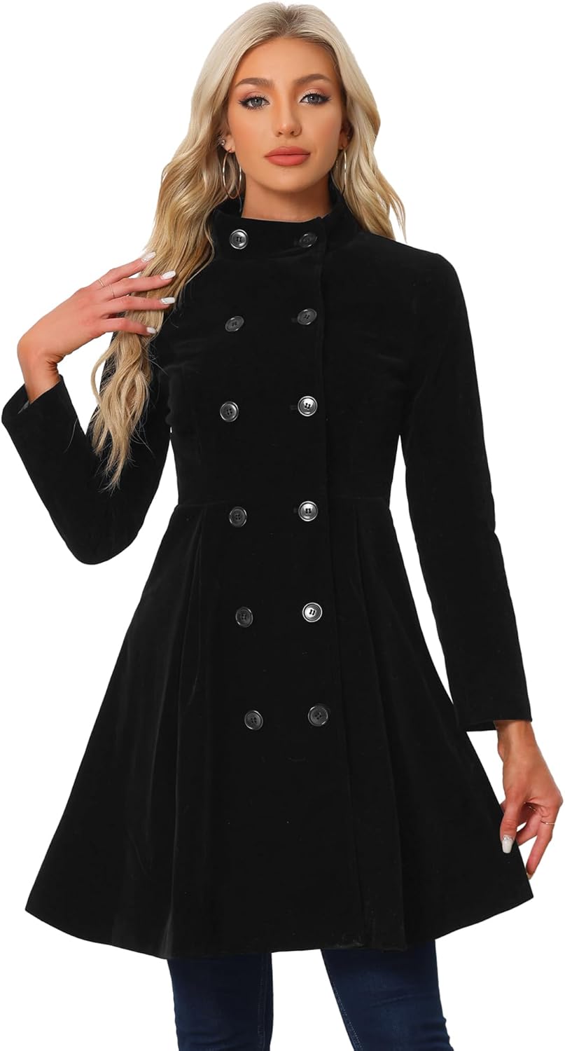 Allegra K Velvet Coat for Women's Steampunk Swing A-Line Double Breasted Christmas Vintage Winter Coats