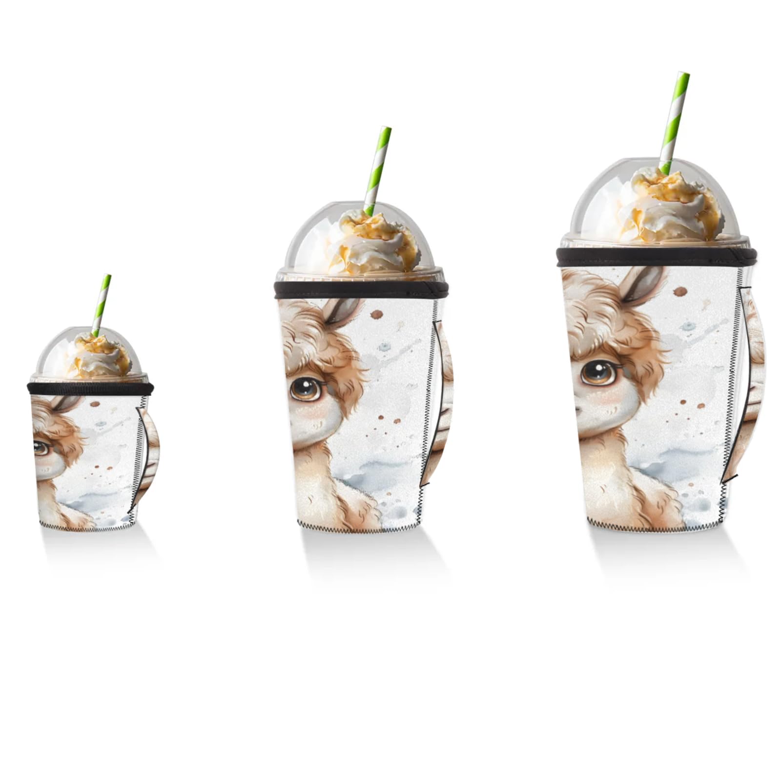 Cute Watercolor Alpaca Reusable Neoprene Coffee Sleeve with Handle Insulated Iced Coffee Cup Holder Reduces Condensation Fits 24-28 oz Cups M