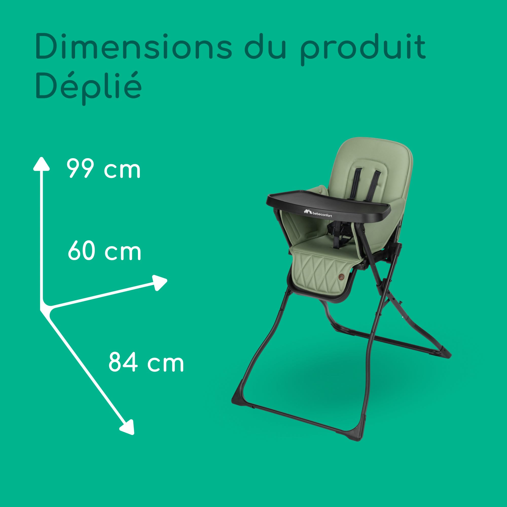 Bebeconfort Mallow, Chaise haute bébé, 0-3 ans, 0-15 kg, Pliage ultra compact, Siège rembourré confortable, Facile à nettoyer, Légère (5,6 kg), Pliage rapide facile d'une seule main, Mineral Green
