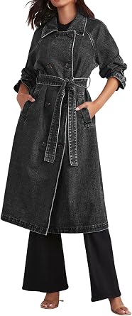 Womens Casual Double Breasted Long Denim Trench Coat Jean Jacket Trenchcoat with Belt Duster Coat