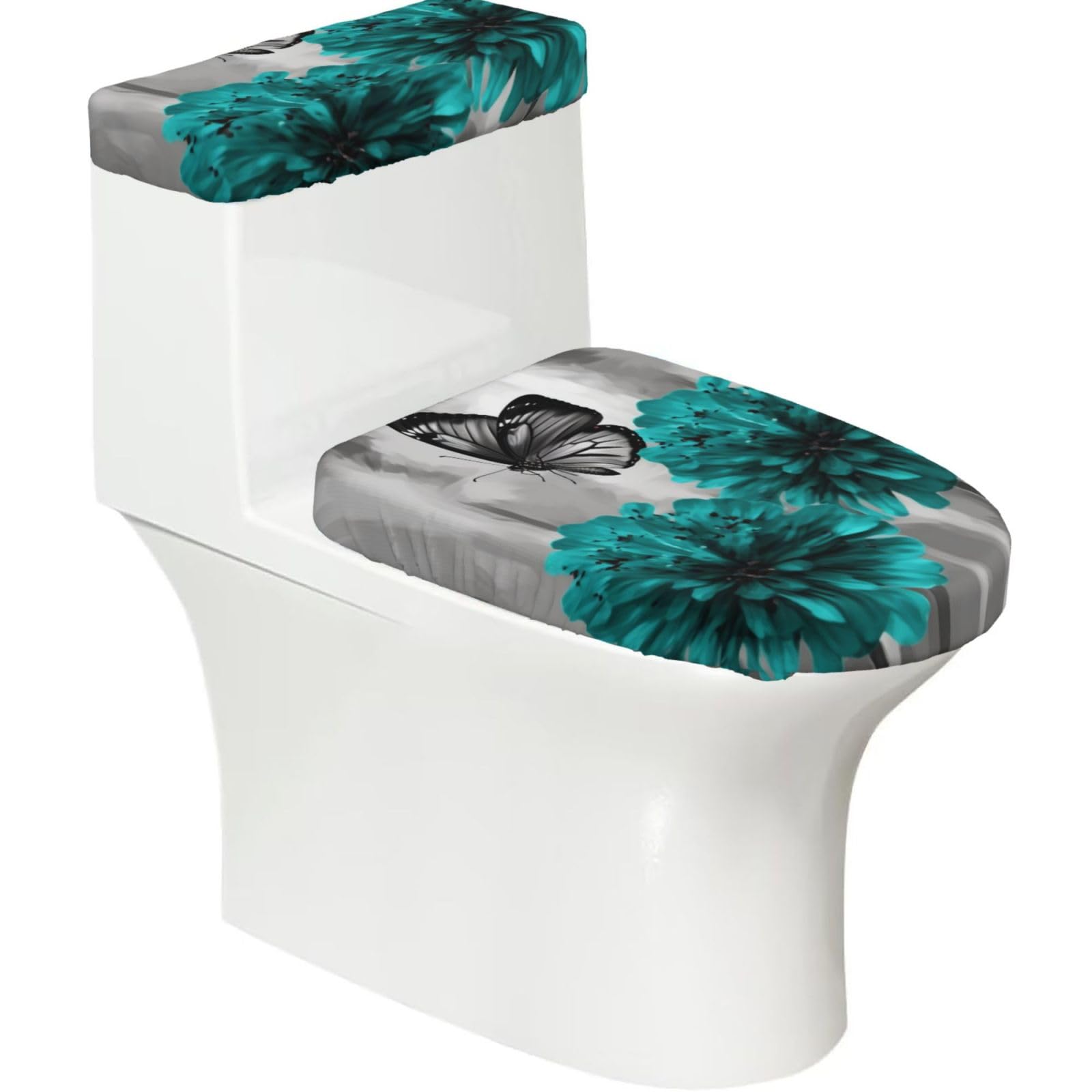 Fodpand Black Gray Teal Flower Butterfly Toilet Lid Cover And Toilet Tank Cover Set, Washable Soft Toilet Seat Cover With Elastic Bottom, Universal Stylish Toilet Cover Set For Bathroom Decor Accessories