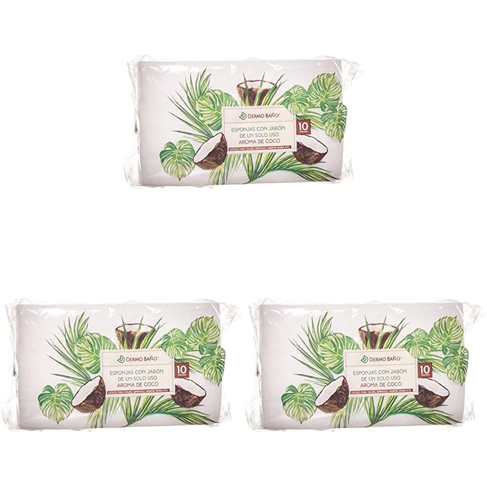 Dermobaño Esponja Jabonosa Desechable. Esponja de Baño de Un Solo Uso con Gel Dermatológico e Hipoalergénico. Aroma a Coco. 10 Unidades (Paquete de 3)