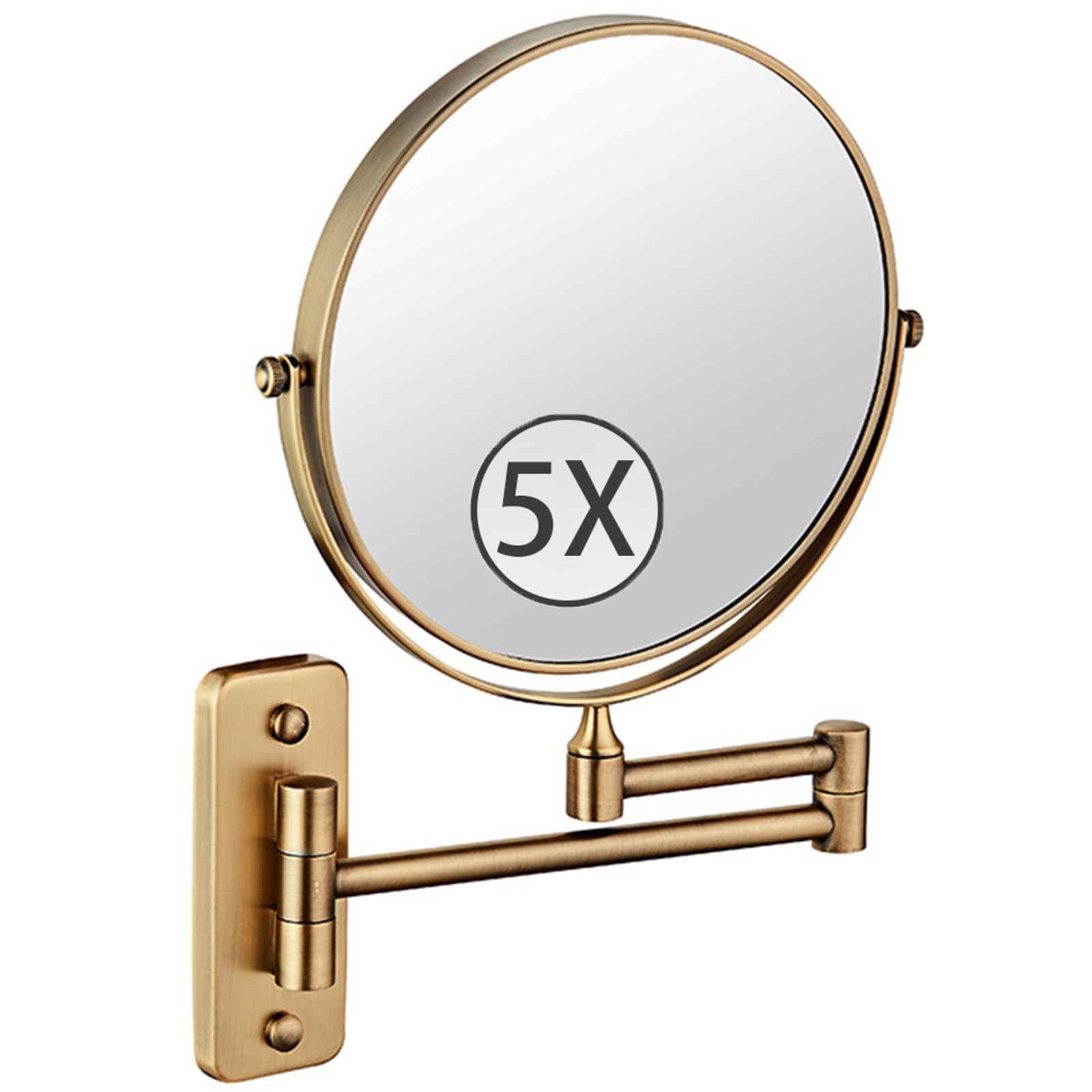 SXFSDOU 8" Wall Mounted Makeup Mirror with Magnification, Double Sided Magnifying Mirror, Rotatable Extendable Bathroom Shaving Vanity Mirror,Brass,5X