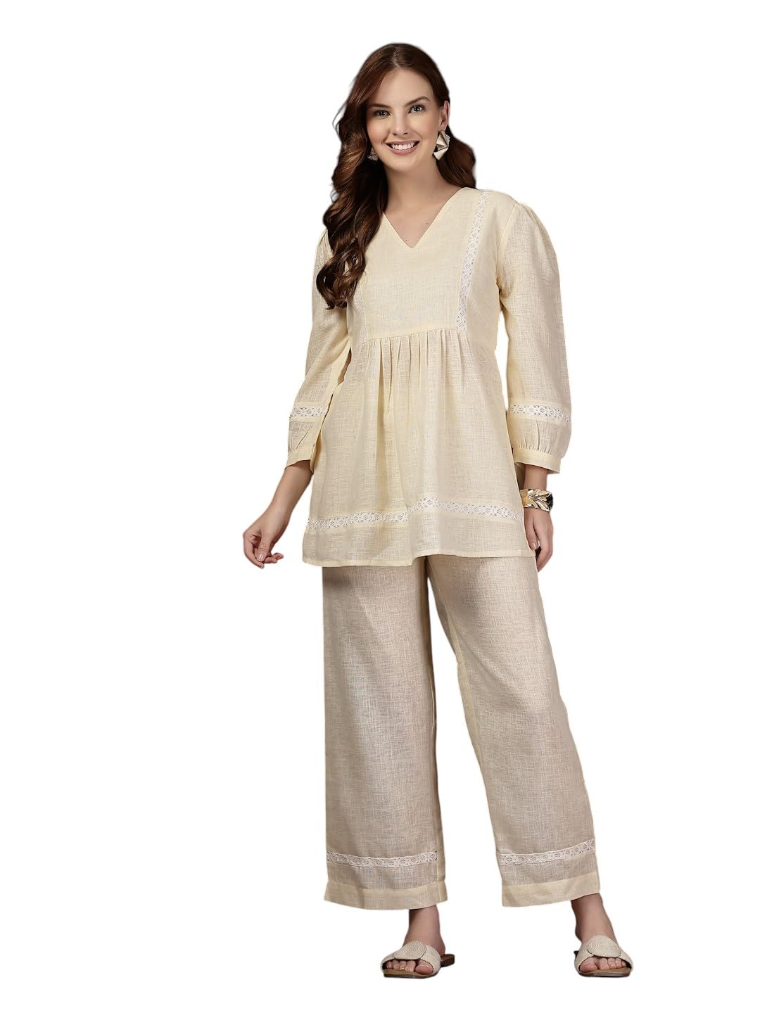 Women's Linen Co-ord Set, V-Neck Tunic Top with Pants, White with Lace Detail, Regular Fit-image-17