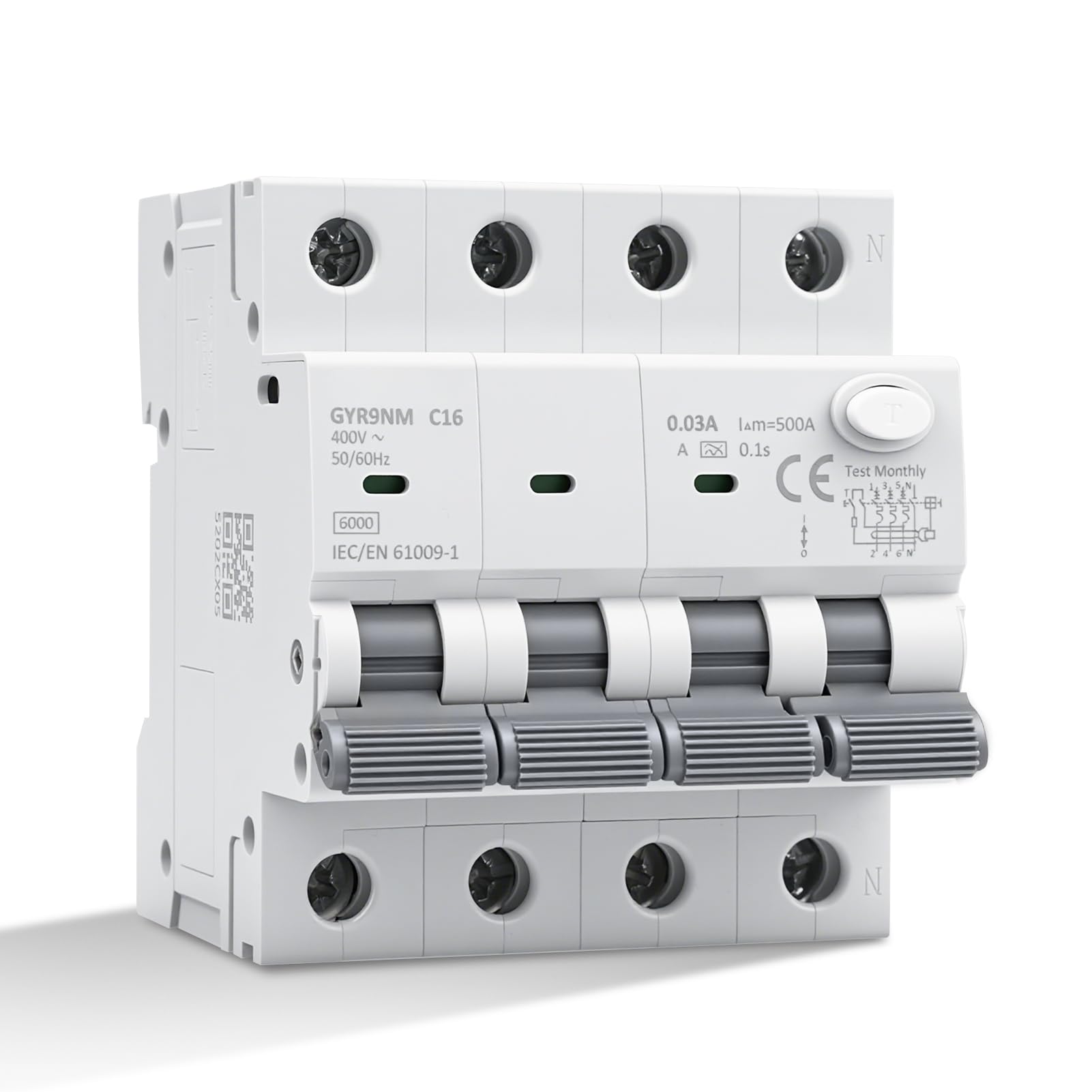 Disjoncteur différentiel 30mA 16A 3P+N type A interrupteur différentiel RCBO 6KA MCB disjoncteurs de courant résiduel AC400V Protection contre les surcharges et les courts circuits GYR9NM