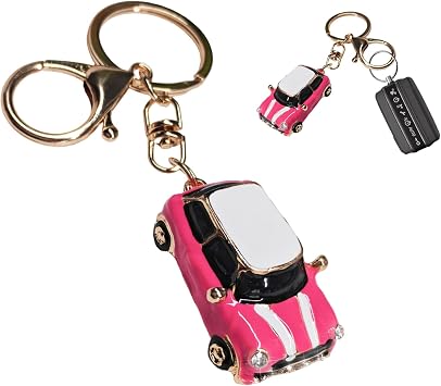 Car Model Rhinestone Keychain, 3D Creative Auto Key Holder with Ring, Mini Metal Car Shape Key Chain for Men Women Rose Red