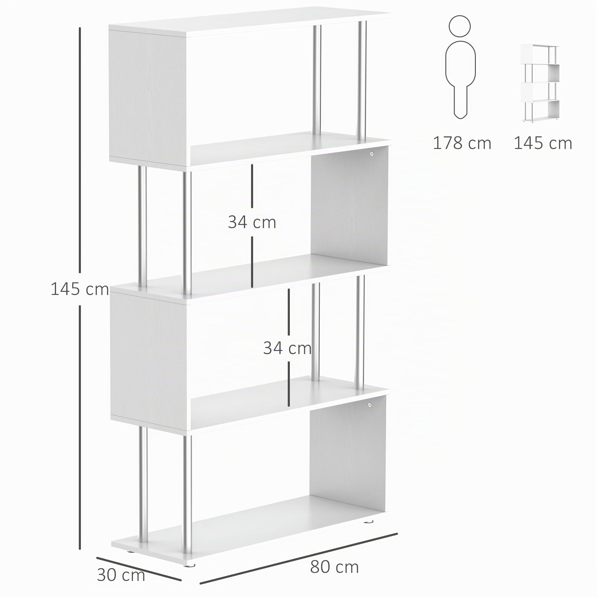 HOMCOM Libreria 80x30x145cm Madera y Metal Muebles Oficina Estanteria Estante Blanco