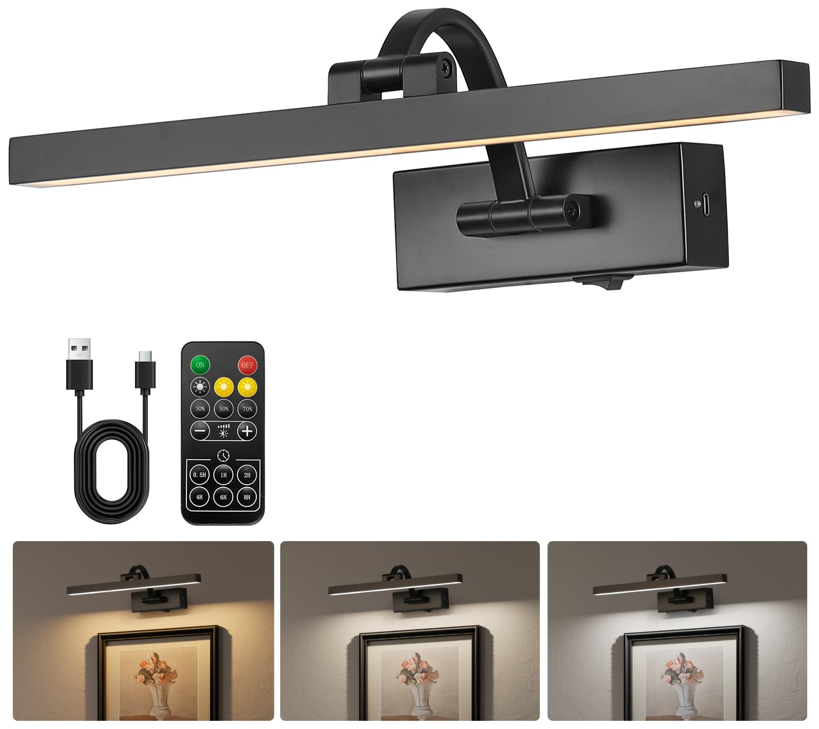 DarHorz LED Wireless Picture Light with Remote Control,USB Rechargeable Battery Powered Art Lamps,Dimmable,270° Rotate,Timing,15.5 Inch Black Wall Lights for Paintings,Picture Frame,Gallery