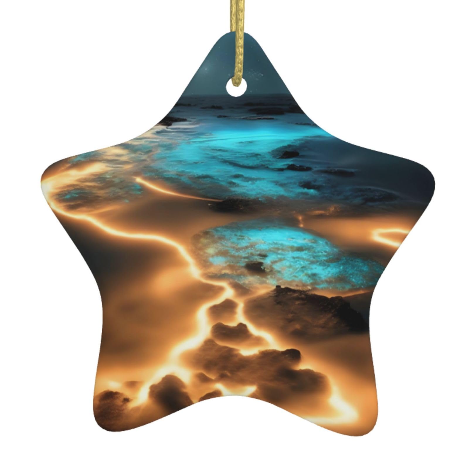 View Under The Moon Christmas Ceramic Star Pendant with Punched Holes and Gold Wire Rope, Christmas Tree Home Decoration