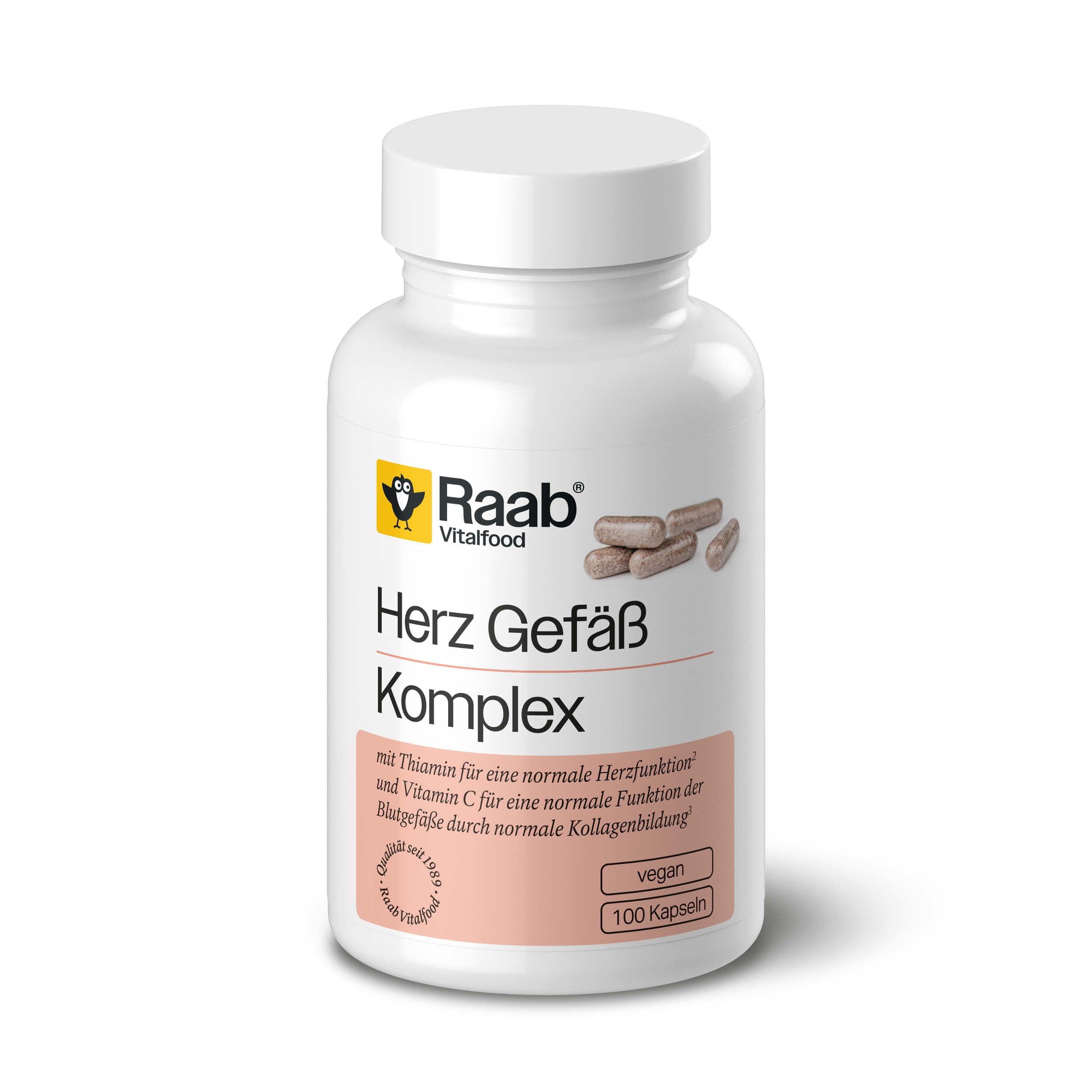 Raab Vitalfood® Herz Gefäß Komplex Kapseln (100 Stück) - Kombination aus Kalium, L-Arginin, schwarzer Knoblauch-Pulver, OPC aus Traubenkernextrakt sowie Thiamin und Vitamin C