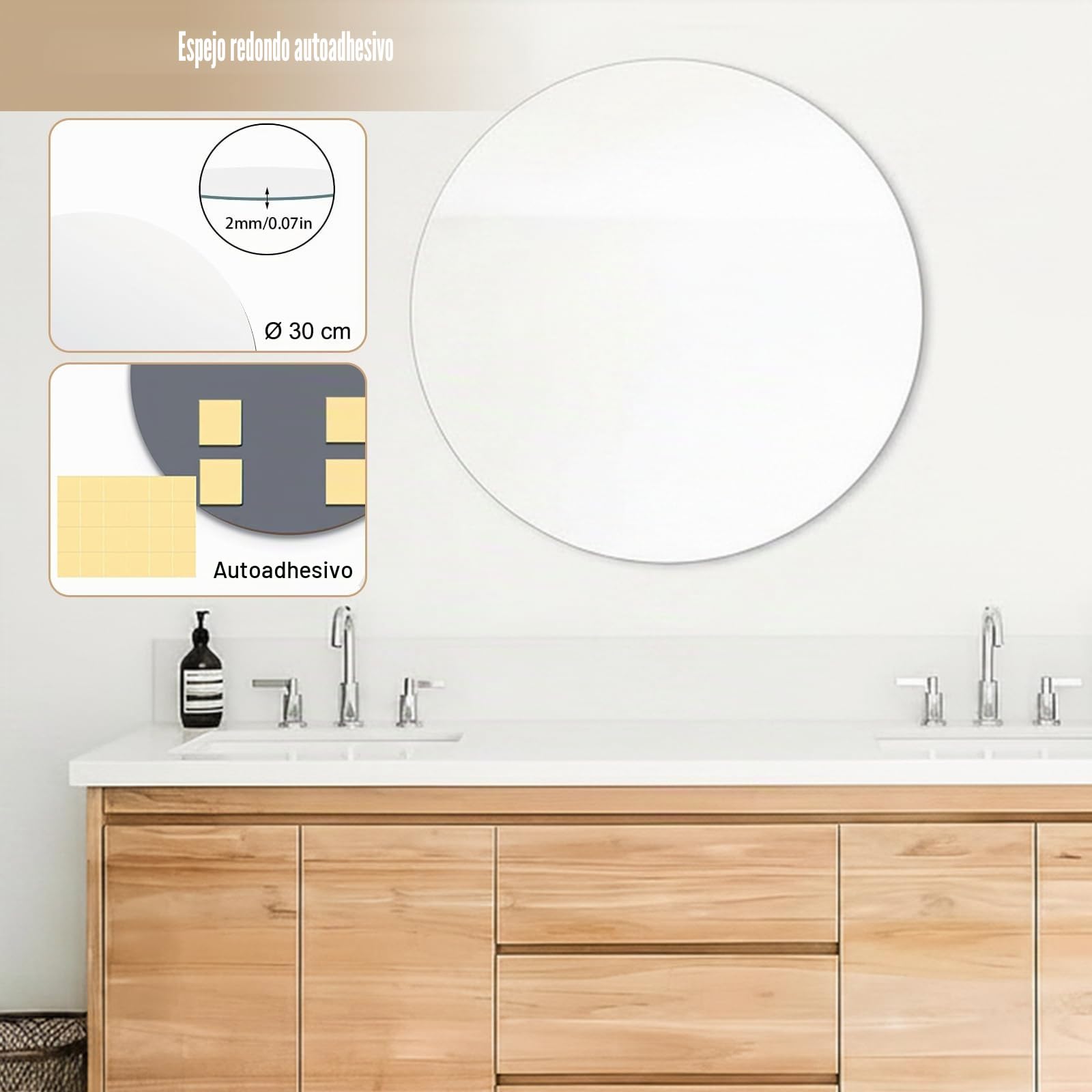 Espejo Redondo 30 cm Autoadhesivo sin Marco – Espejo de Cristal para Lavabo, Baño Pequeño, Pared o Recibidor
