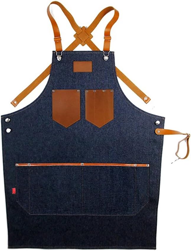 Cross-Back or Neck-hang Genuine Leather Straps & Adjust M to L. Woodworkers Tattoo Hairdresser Barbershop Utility Apron