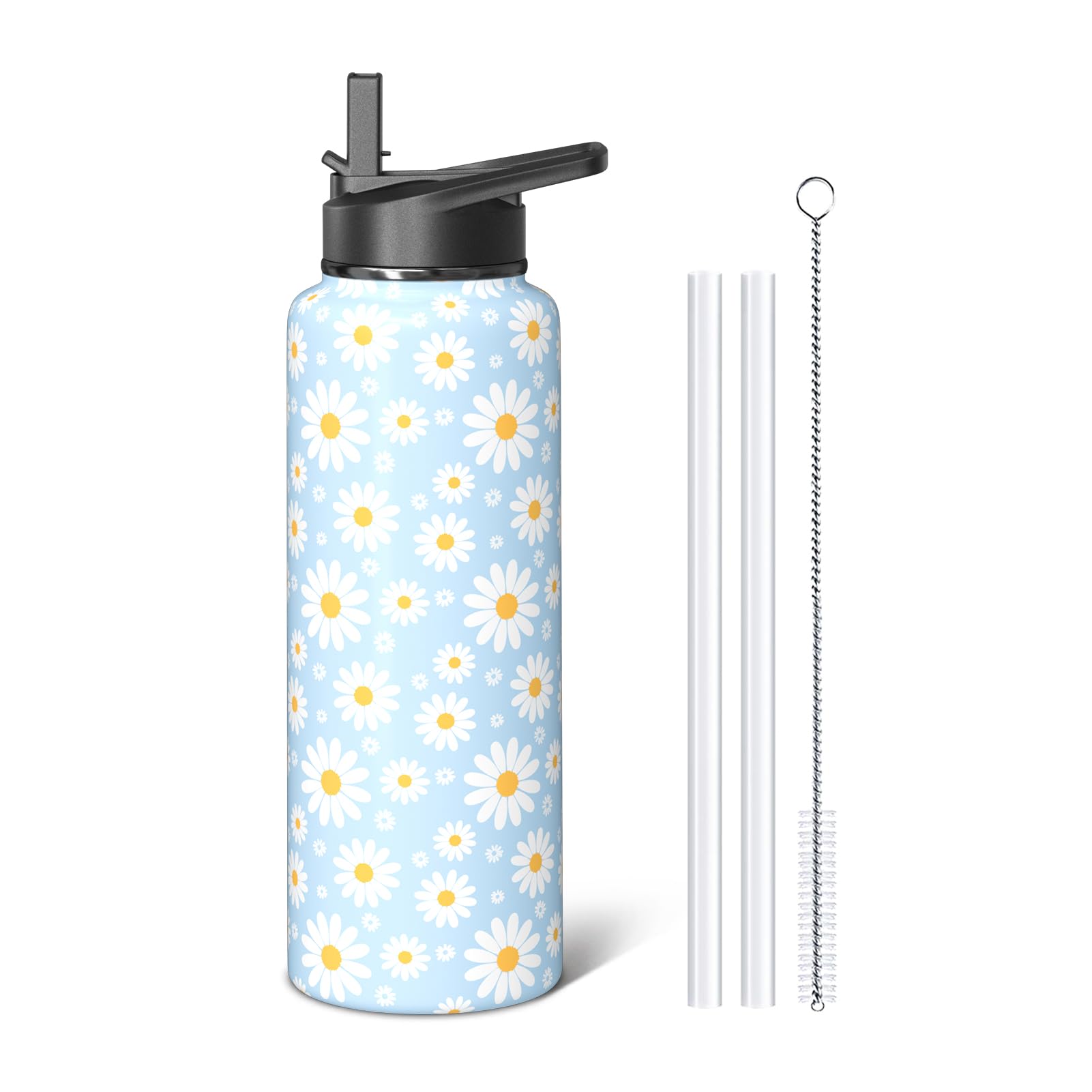 Sabobo 40oz Daisy Water Bottles with Flip Straw & Spout Lid, Double Wall Stainless Steel Travel Sport Bottle, Blue Gym Gifts for Women Men (1PC)