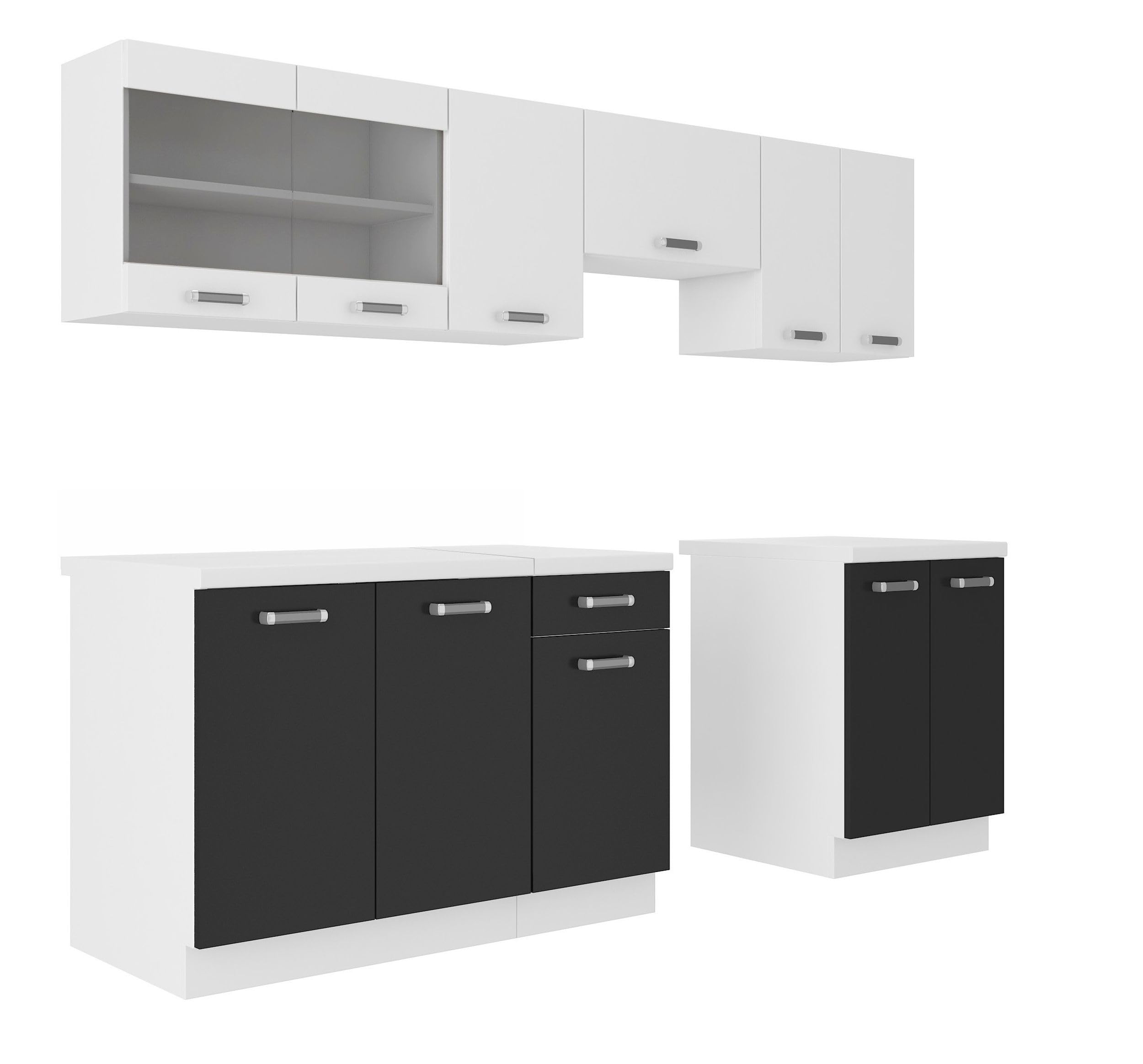 Kuechen-preisbombe Küche Omega 240 cm Küchenzeile Küchenblock variabel stellbar in Schwarz Weiss