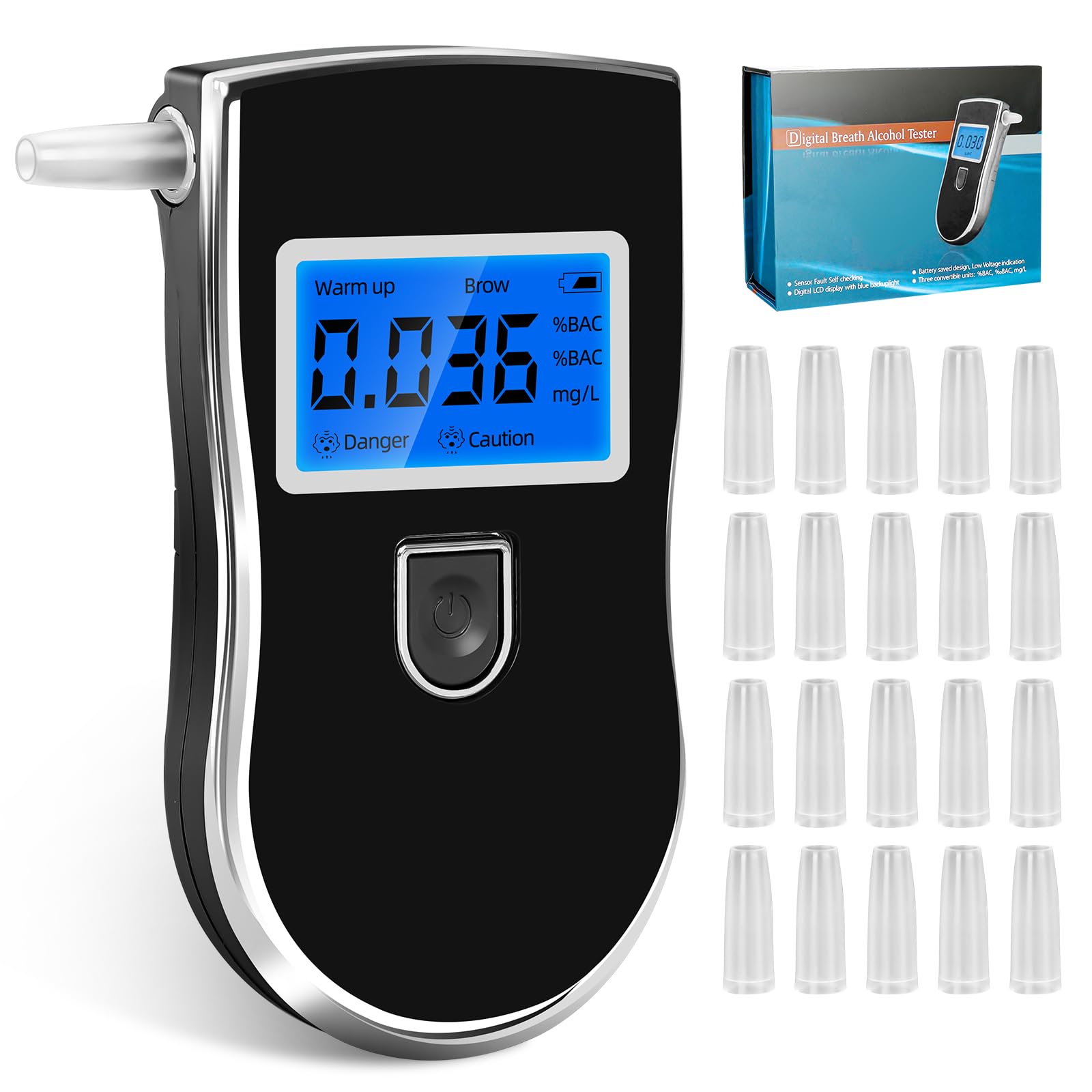 Alcol Test Portatile Etilometro Portatile Professionale - Certificato, 20 Bocchini, Display LCD, Per Casa E Feste Etilometro Digitale Bocchini