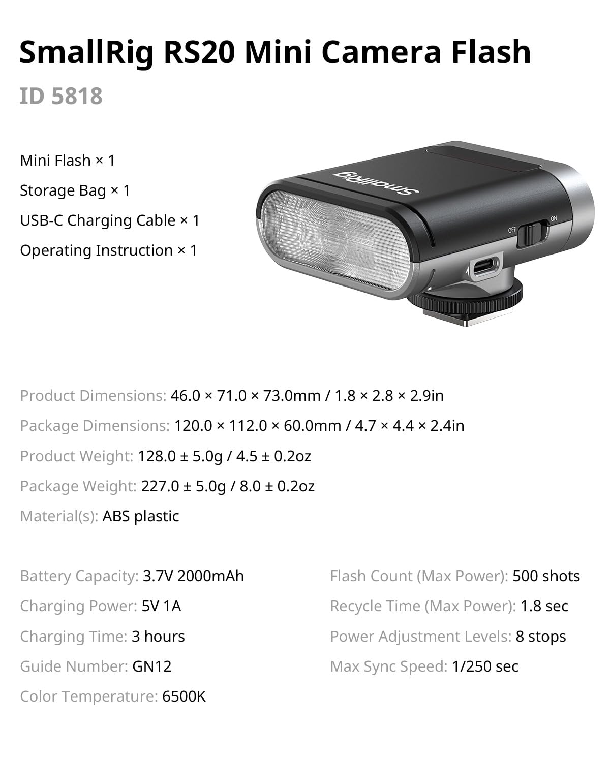 SmallRig Mini flash RS20 per fotocamera Sony per Canon, GN12 Speedlight per fotocamera con batteria da 2000 mAh schermo OLED, 500 flash a piena potenza/1.8s di riciclaggio/6500 K, modalità A/M 8
