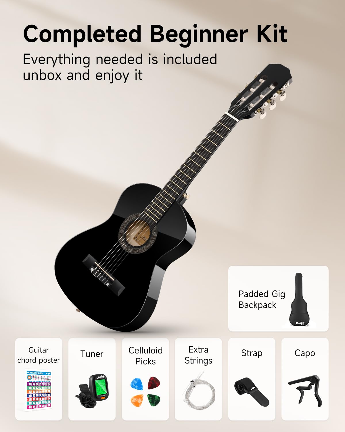 Guitarra acústica de 30 pulgadas para principiantes, niños y niñas de 1/4 tamaño junior, cuerda de nailon, guitarra clásica acústica con póster de acordes, bolsa de concierto, afinador, púas, cuerdas de nailon, cejilla, tela, correa, color negro 4