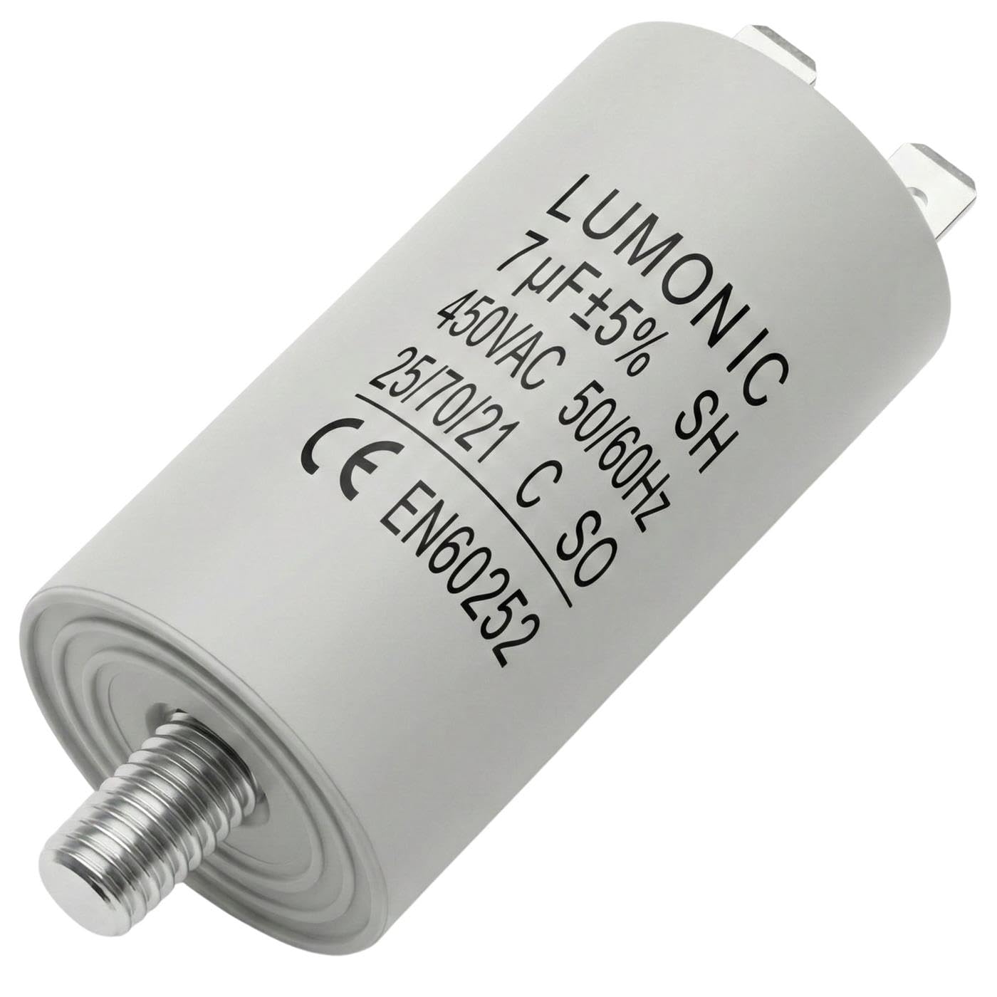 Lumonic Kondensator rozruchowy 7µF 450V | z WtyczkaX I 30x60mm I 7uF I Kondensator silnikowy z plastikowa obudowa I Kondensator operacyjny I do pomp, kosiarek, narzedzi