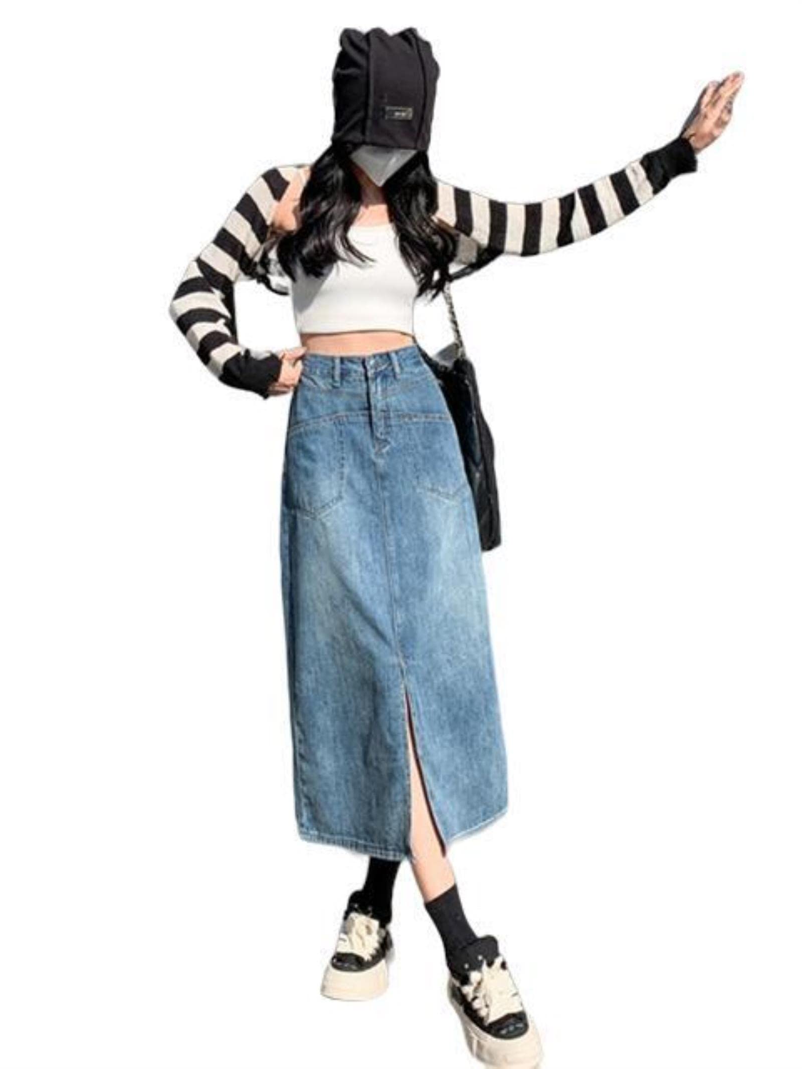 TOBILE Jupes rétro bleu mi-longue jupe en jean pour femme printemps et été nouveau style urbain simple poche droite fendue A-Line jupe femme
