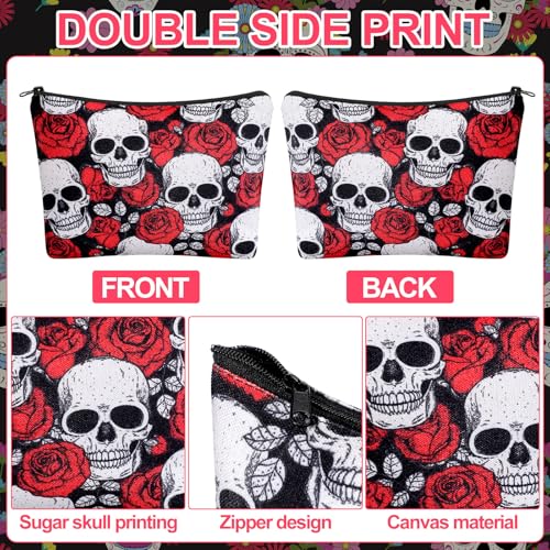 Preboun 4 Pack Sugar Skull Makeup Bags Day of the Dead Cosmetic Bag Gifts Travel Toiletry Zipper Pouch Gothic Floral Skeleton Gifts Pouch for Girls Women Day of the Dead Halloween Sugar Skull Lovers3