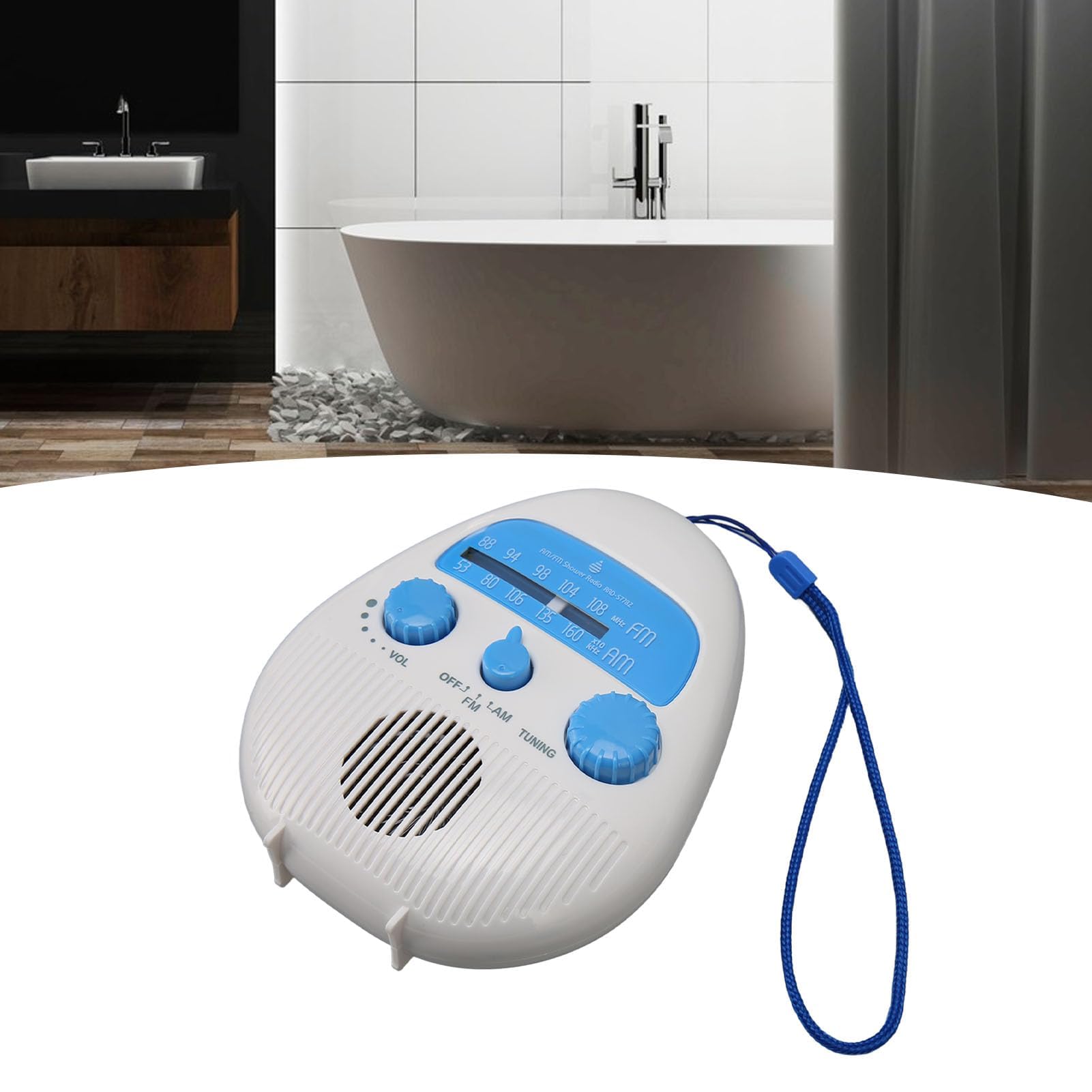 Dpofirs Radio de Douche Portable AM/FM, Radio de Douche Suspendue Étanche, Volume Réglable, Radios de Douche à Piles pour Salle de Bain, Cuisine, Extérieur