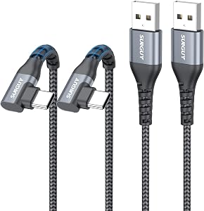 SUNGUY Right Angle USB C Cable 1FT [2 Pack], 90 Degree USB A to USB C Charger Cable Fast Charging Data Transfer Braided for iPhone 17/6/15 Pro Max, Samsung Galaxy S25 S24 S23 S22, Pixel, iPad