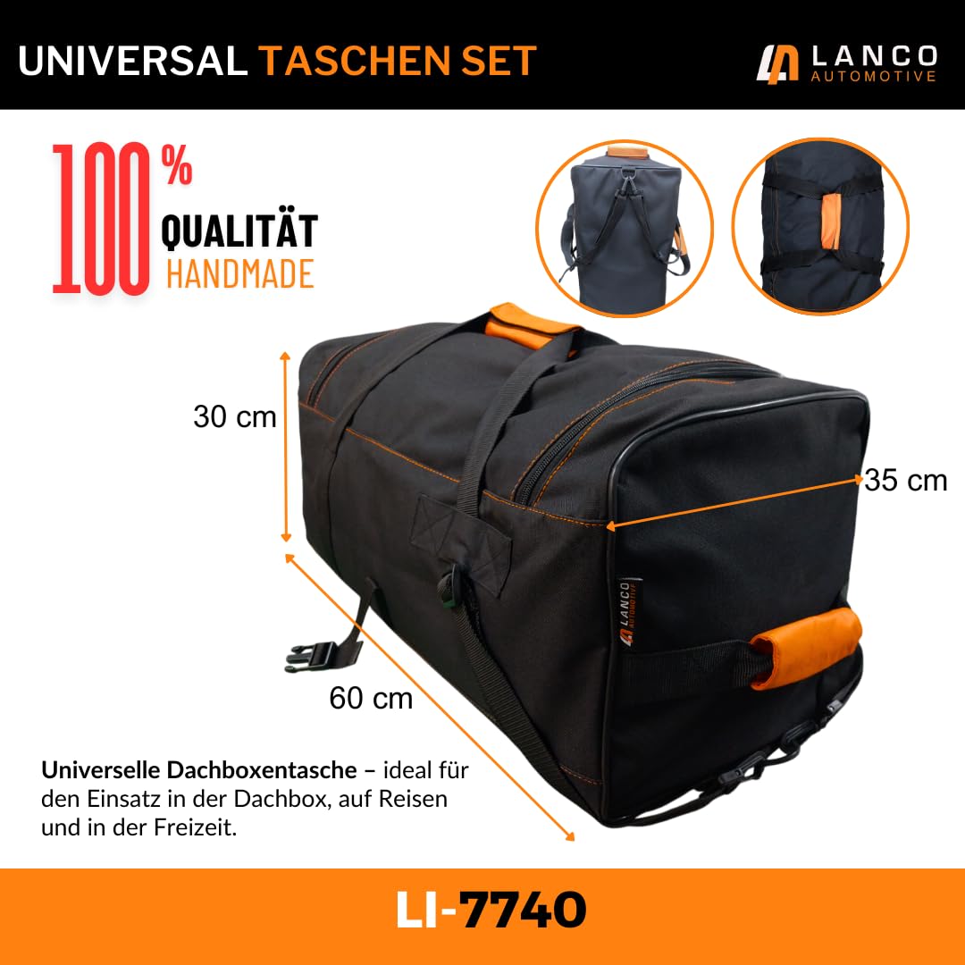 LANCO Dachbox Taschen Set - 49x60x30cm & 60x35x30cm - Robuster Organizer | Dachboxtaschen mit Klick-Befestigung, Tragegriff & Reißverschluss. Als Rucksack oder Reisetasche im Auto verwendbar.