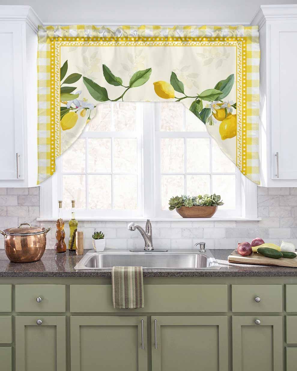 Lemon Floral Yellow Plaid Swag Valance Kitchen Curtains, Rod Pocket Valance Curtain Panels for Bedroom Living Room Bathroom Cafe Windows, Summer Spring White Flower Green Leaves 56''x36''