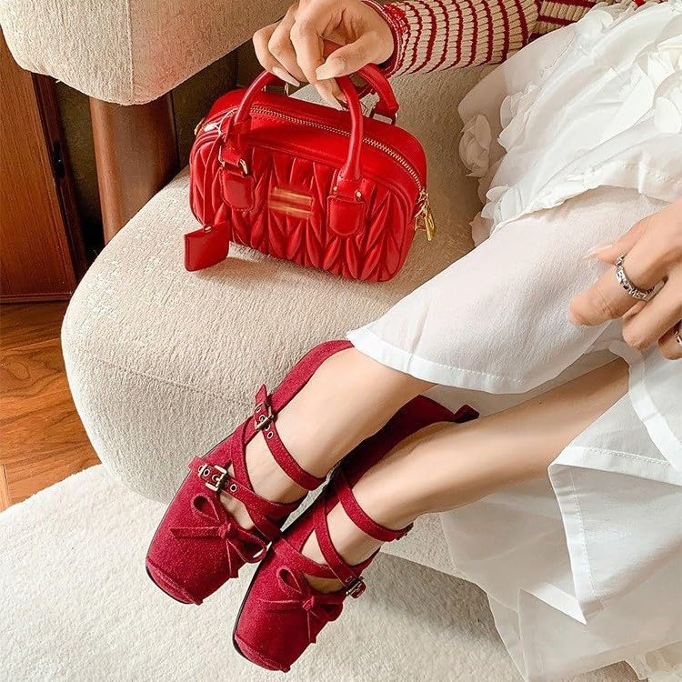 Women's Vintage Mary Jane Flats Square Toe Ballet Pumps with Bow Low Heel Comfortable Slip On Shoes for Daily Office Wear2