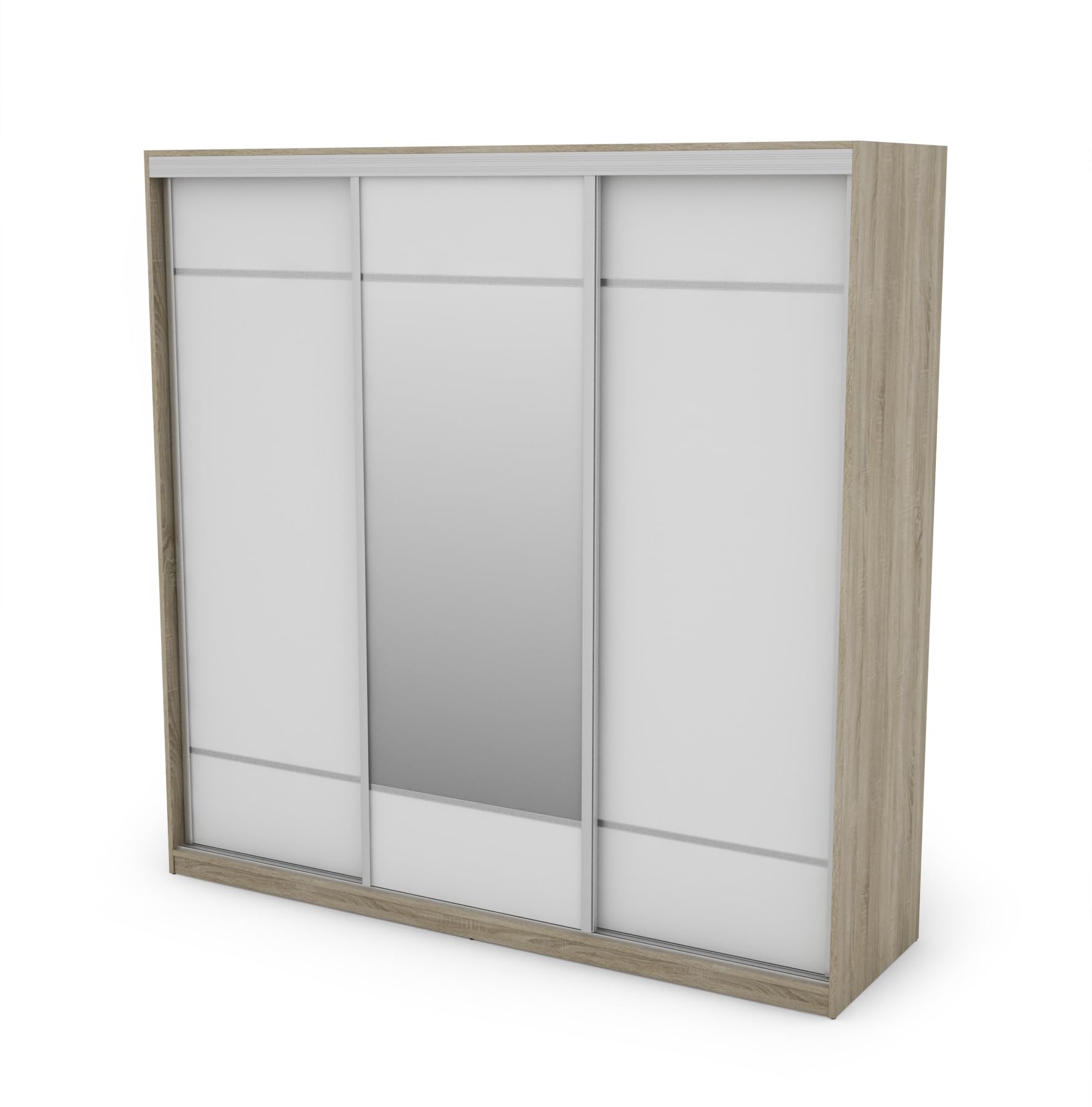 eMeblast trzydrzwiowa szafa na ubrania – 220 x 220 x 64 cm – drzwi przesuwne – sypialnia – salon – szafa garderobiana – drążki na ubrania – szuflady – półki wkładane Silver Sonoma jasna/biała z