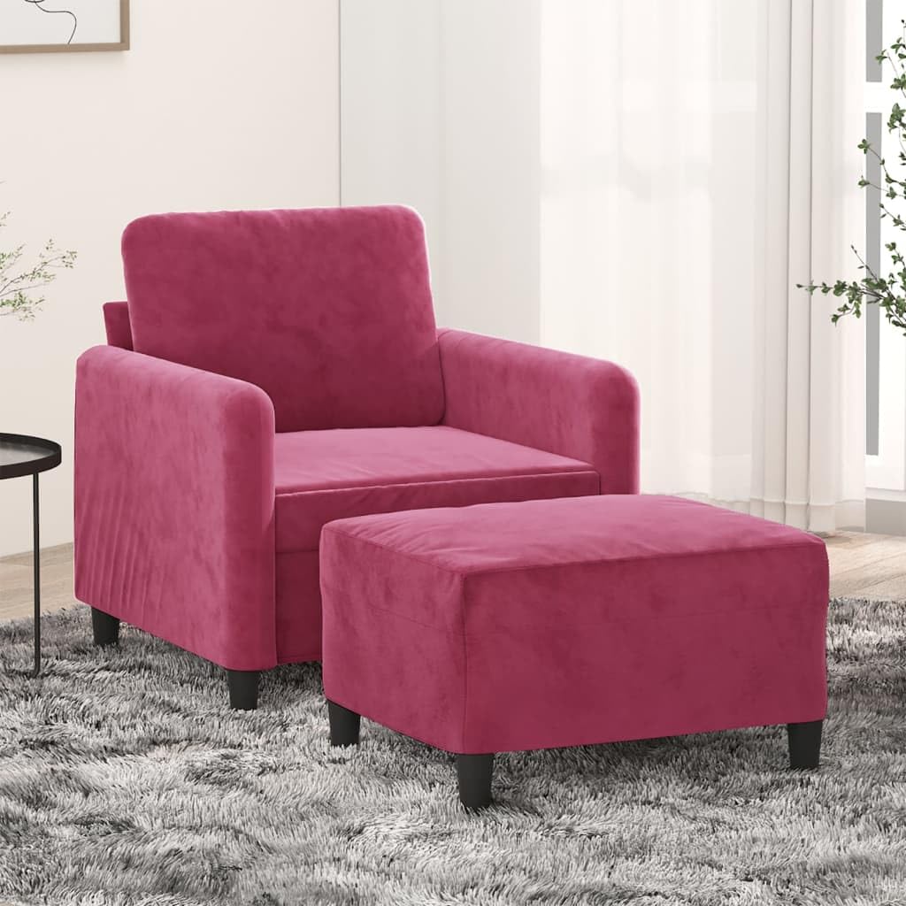 Fotel z czerwonym czerwonym aksamitem pikowany fotel ze stołkiem do salonu, wygodny i stabilny 60 cm