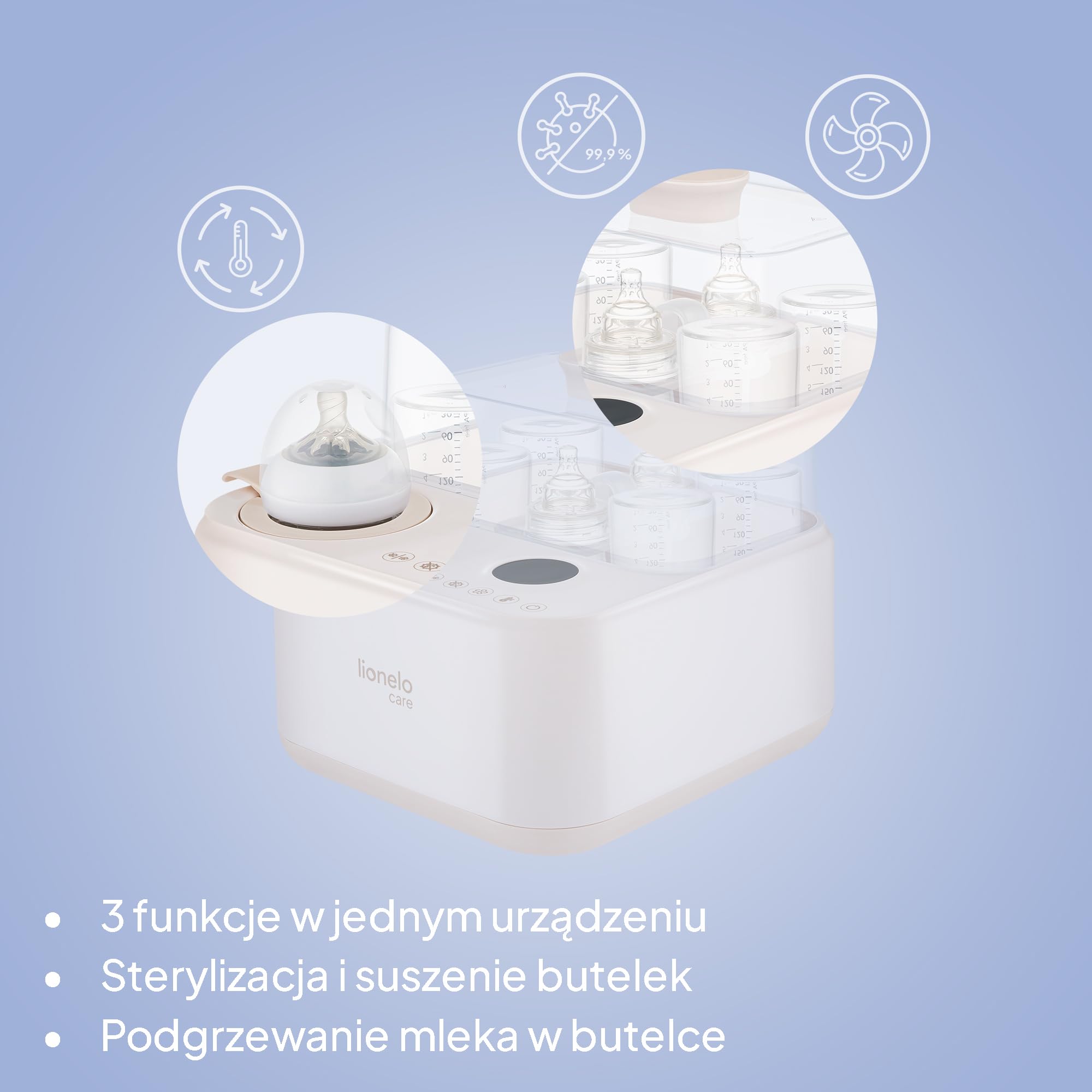Lionelo SteamUp sterylizator 3 w 1 do butelek dla niemowląt z suszarką i ogrzewaczem butelek dla niemowląt, sterylizator parowy na 4 butelki, 99,99% redukcja zarazków, panel dotykowy, automatyczne