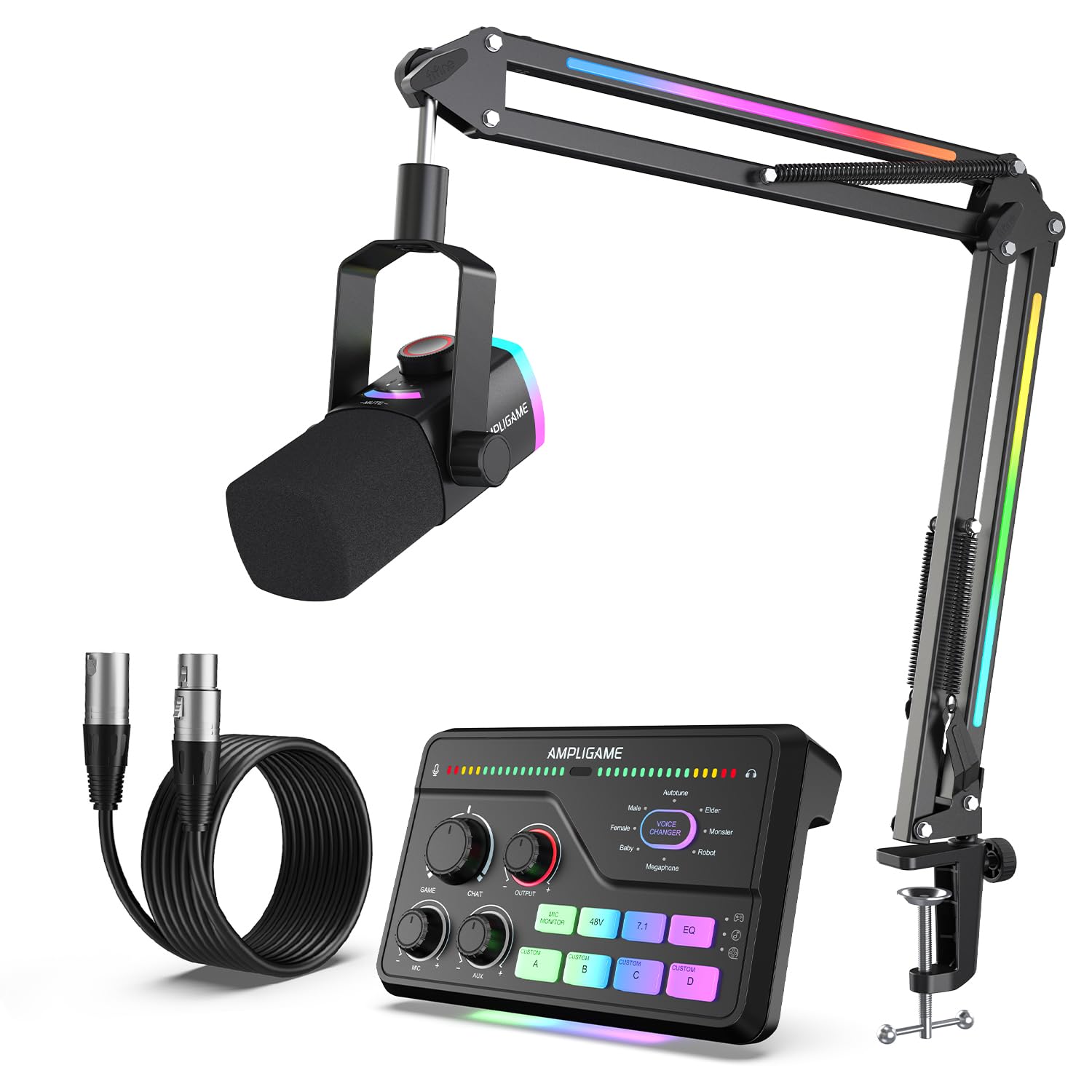 FIFINE Gaming Dynamic Mic Bundle: XLR/USB Mic Kit with RGB Boom Arm,3 EQ Audio Mixer with Voice Changer and 10ft XLR Cable for Streaming/Podcast/Game Voice (AM8PROT+SC8+L9)